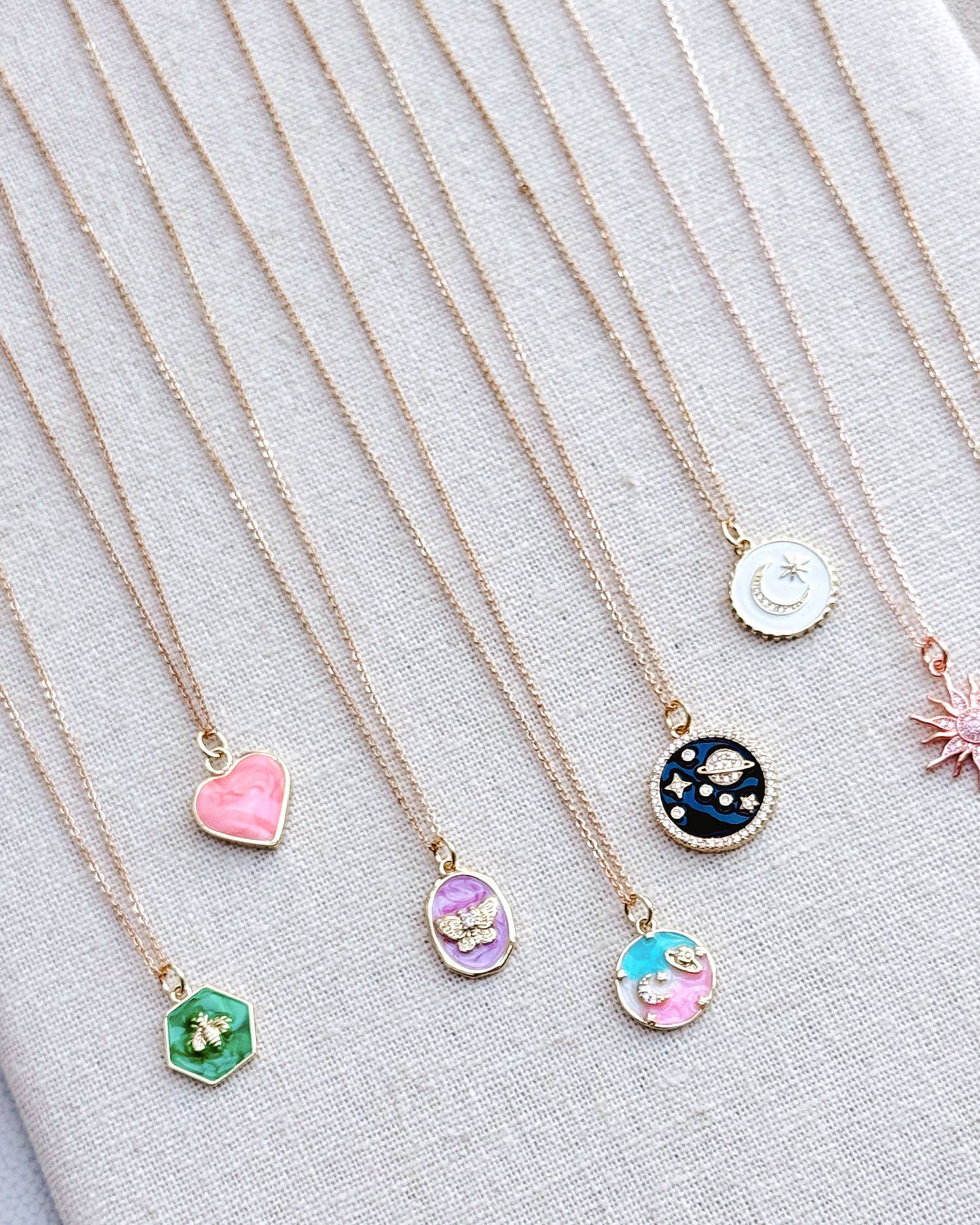 Gold Green Enamel Charm Necklace