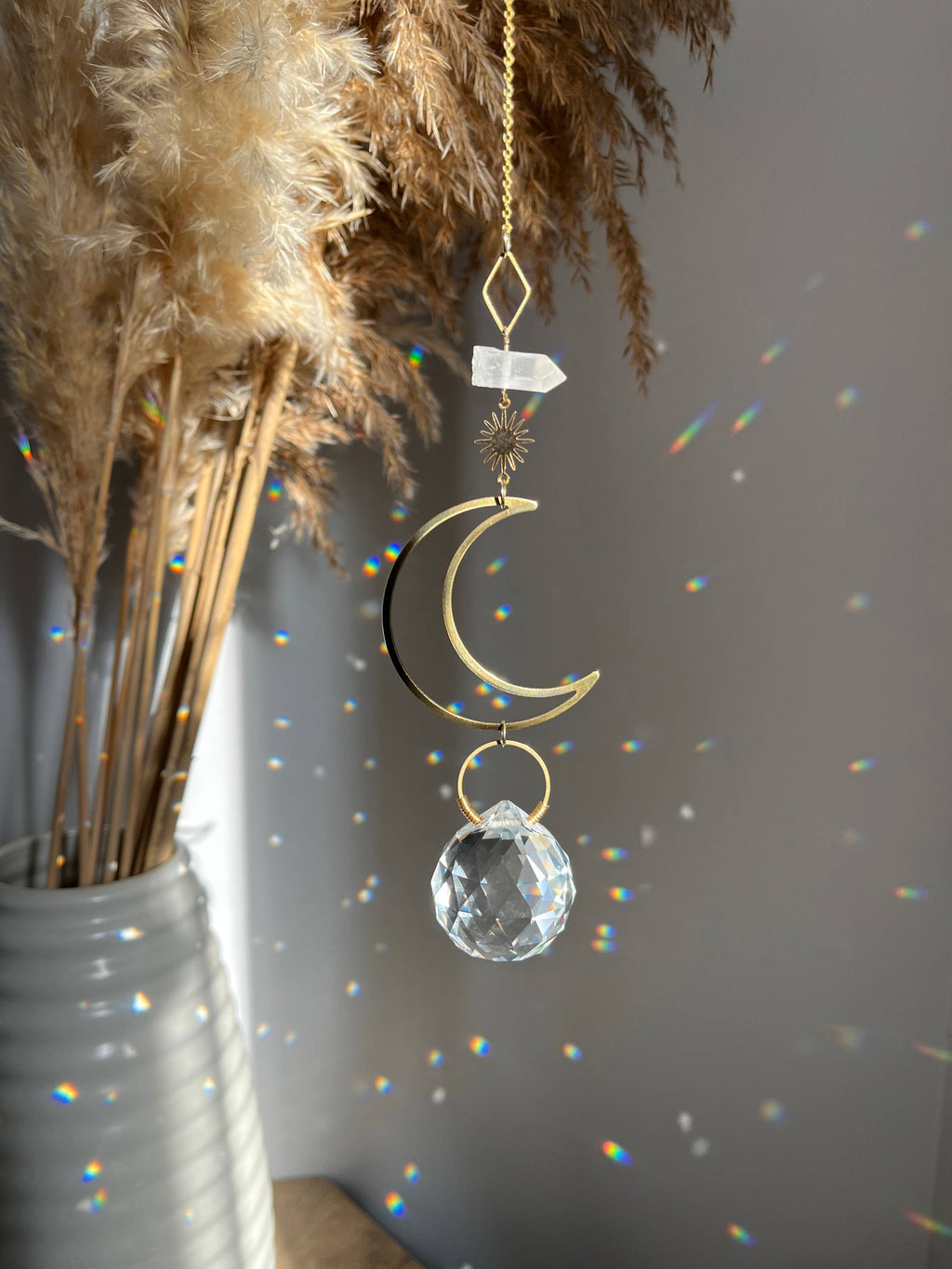 Crescent Moon Suncatcher with Clear Quartz