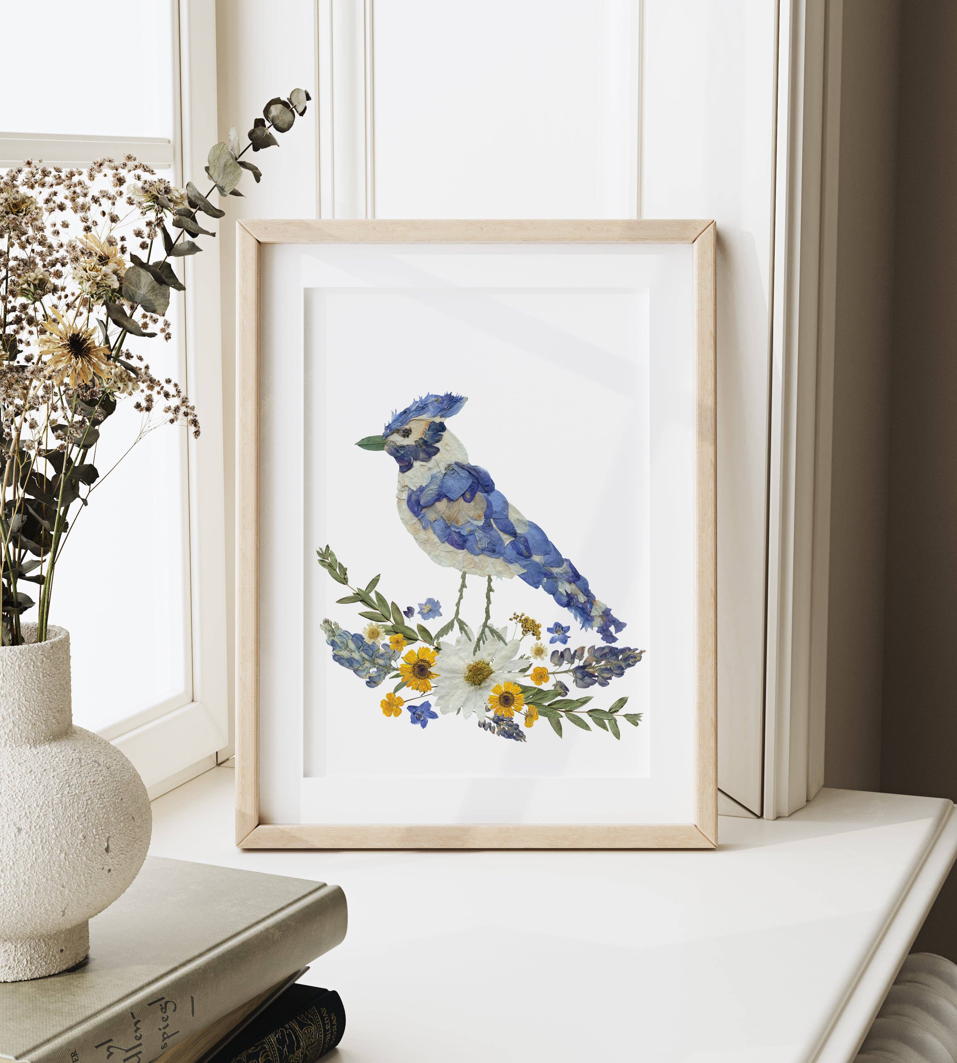 Blue Jay Pressed Flower Print 8x10