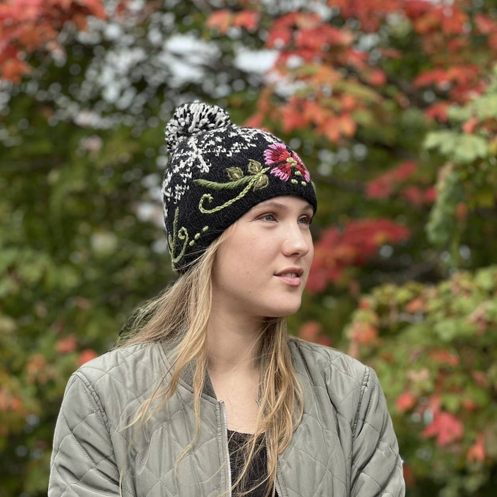 Eleanor Beanie Hat with Embroidered Floral Detail: Light Natural