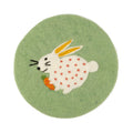 A05264: Circular felt trivet, pale grn,bunny design, 8.5in