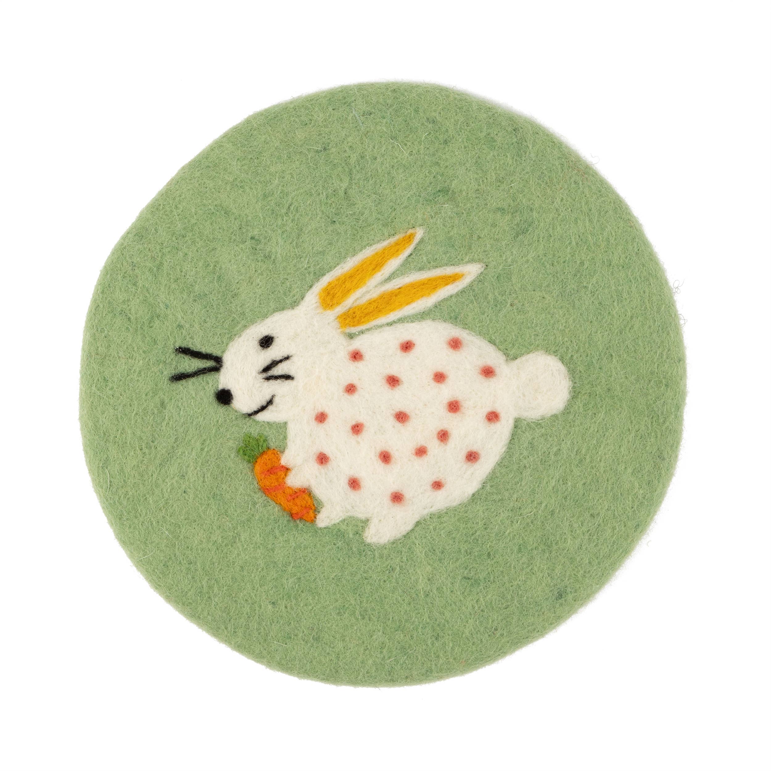 A05264: Circular felt trivet, pale grn,bunny design, 8.5in