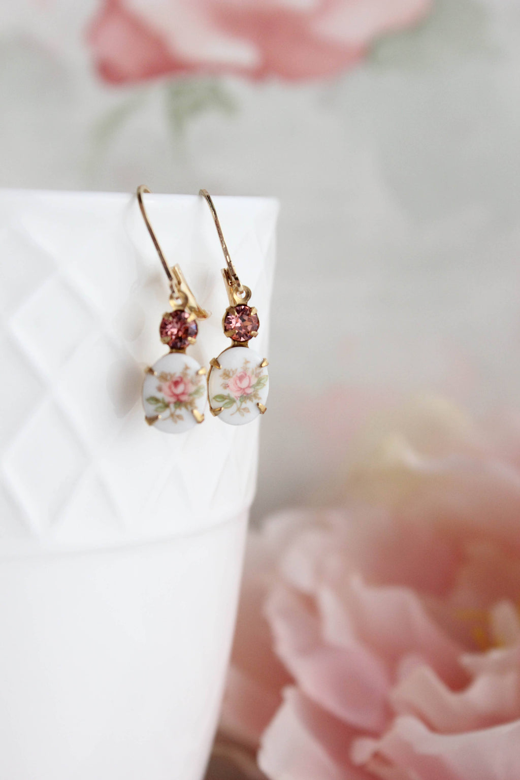 Pink Rose Flower Cameo Earrings