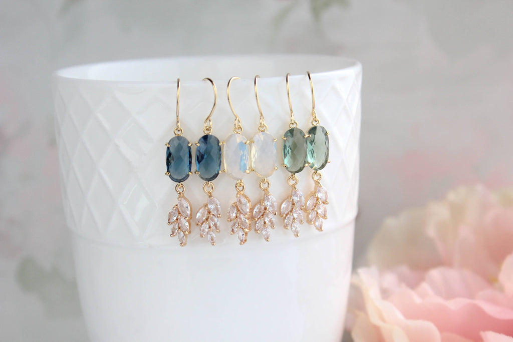 Blue Crystal Leaf Motif Earrings