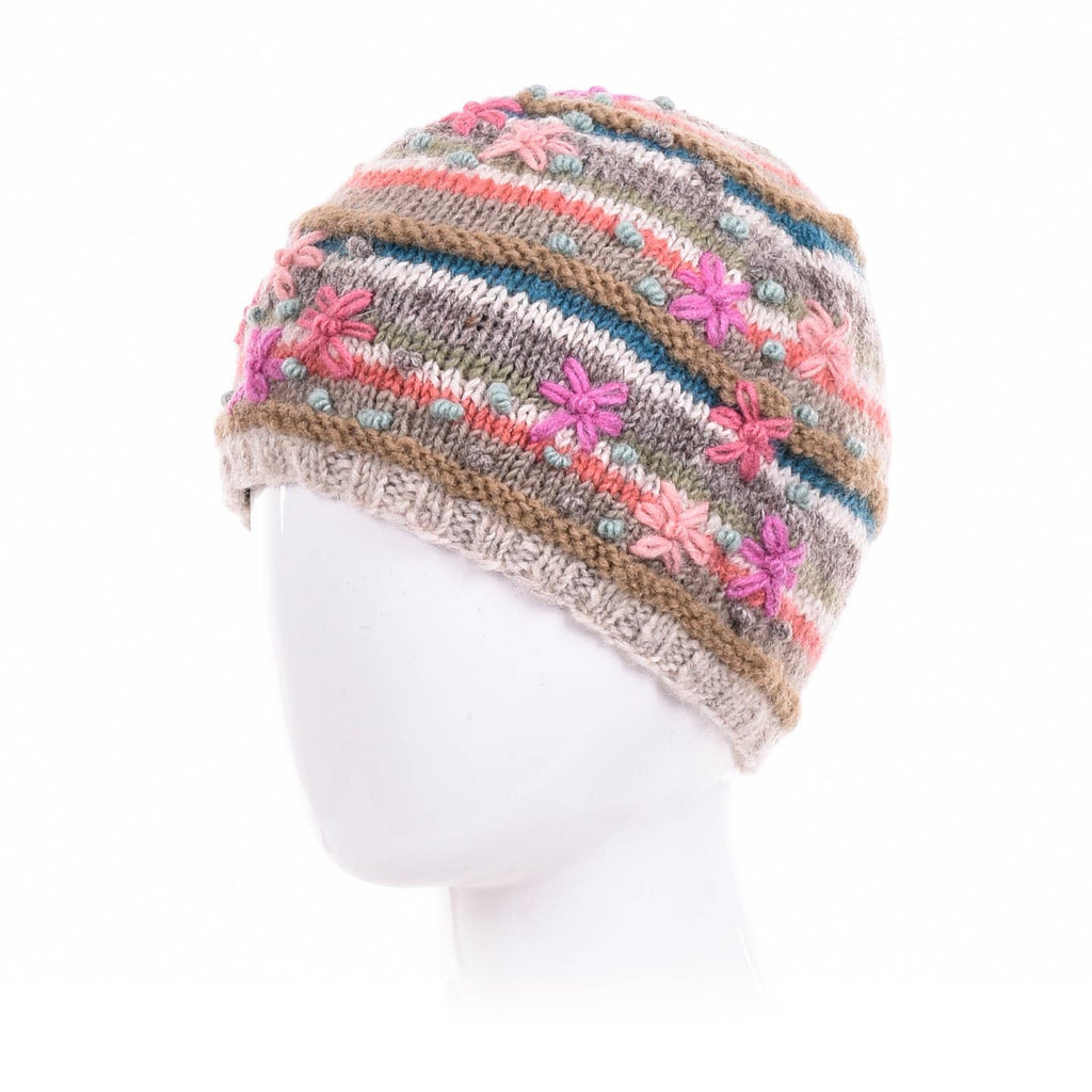Skylar Beanie Hat – Striped Knit with Embroidered Flowers: Denim