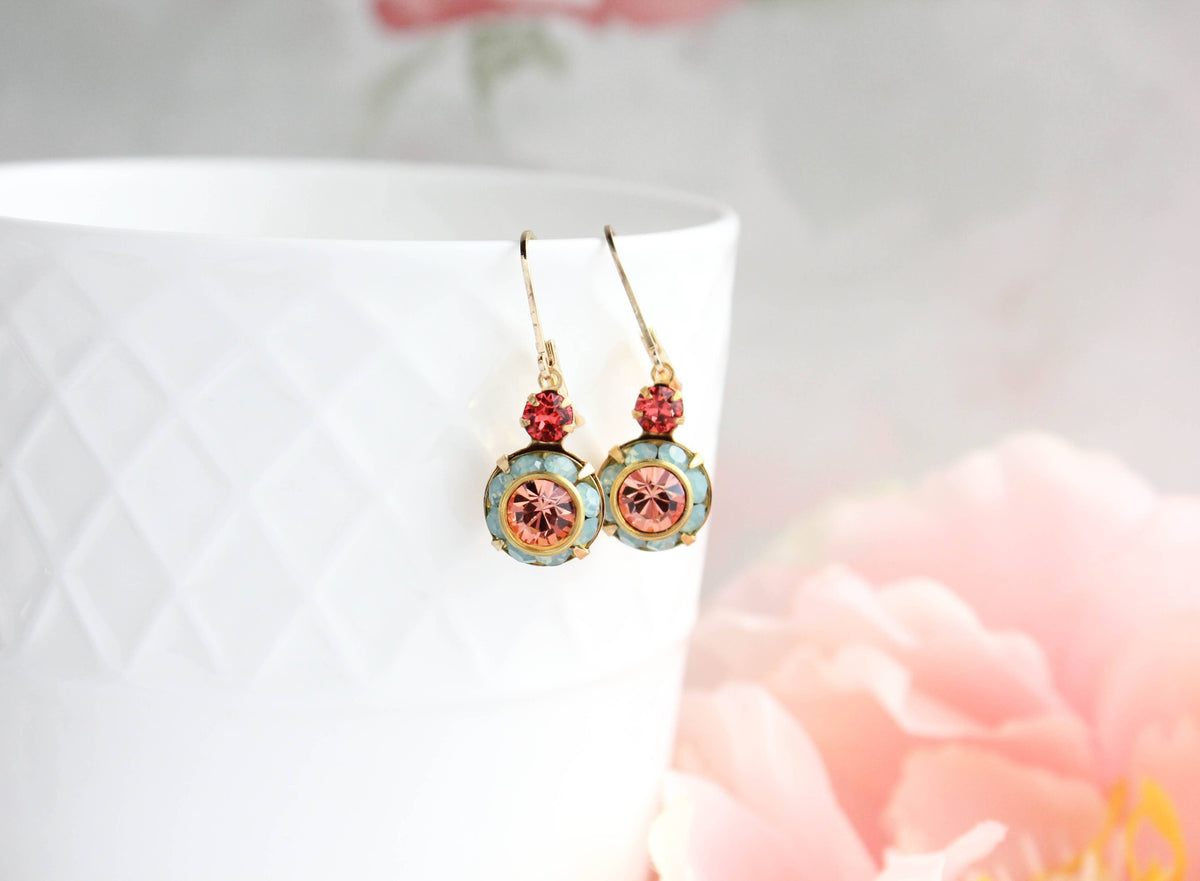 Art Deco Earrings | Coral Peach and Aqua Opal