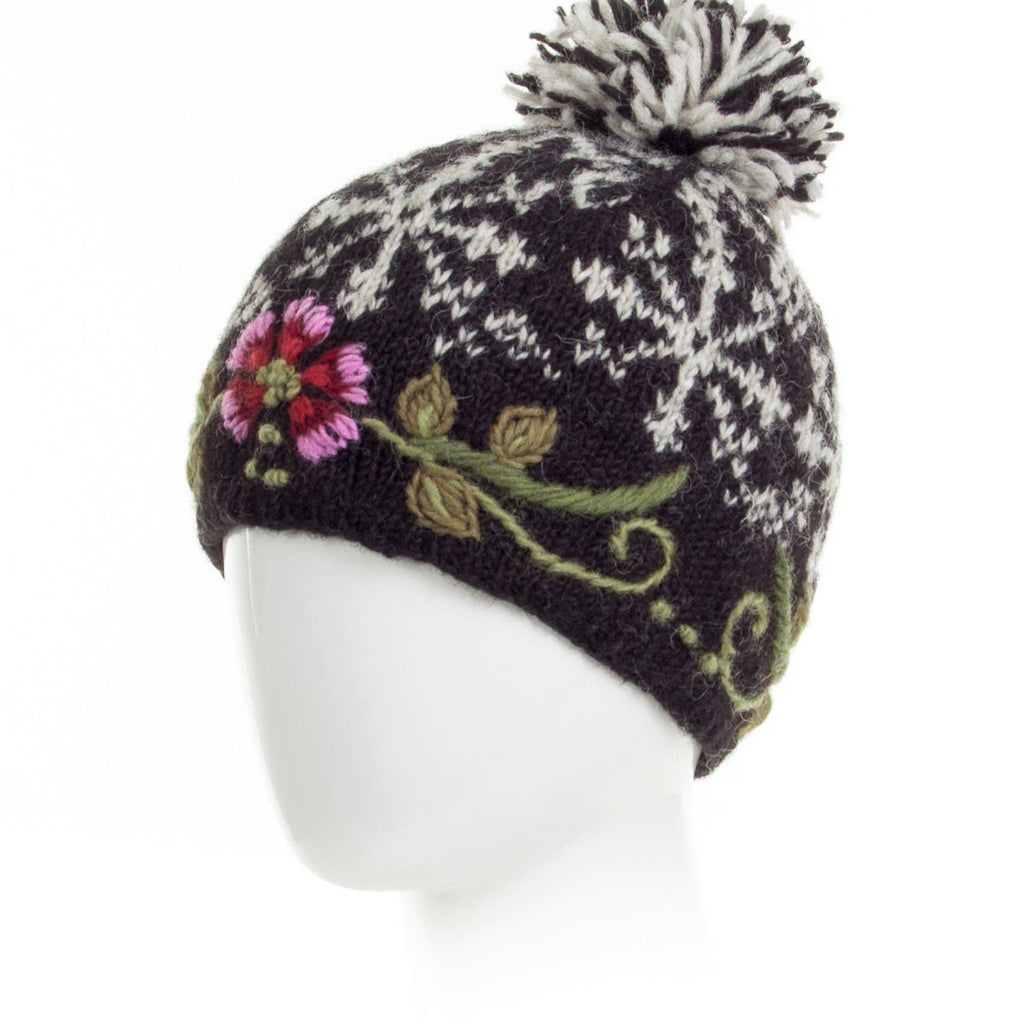 Eleanor Beanie Hat with Embroidered Floral Detail: Light Natural