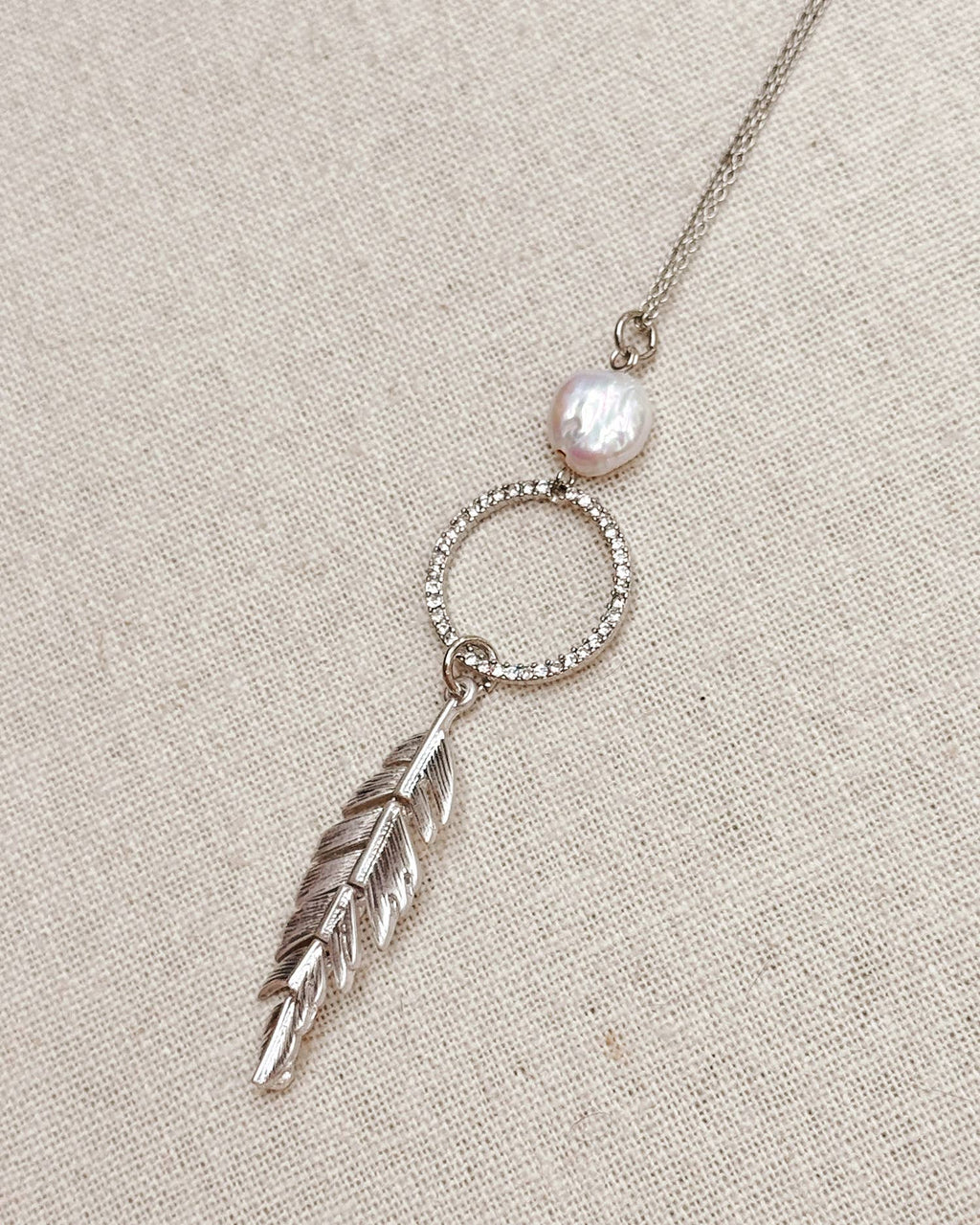 Pearl, Rhinestone Hoop & Feather Pendant Necklace: Silver