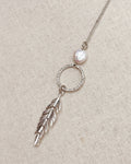 Pearl, Rhinestone Hoop & Feather Pendant Necklace: Silver