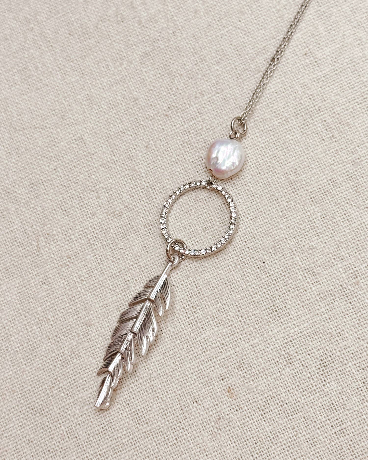 Pearl, Rhinestone Hoop & Feather Pendant Necklace: Silver