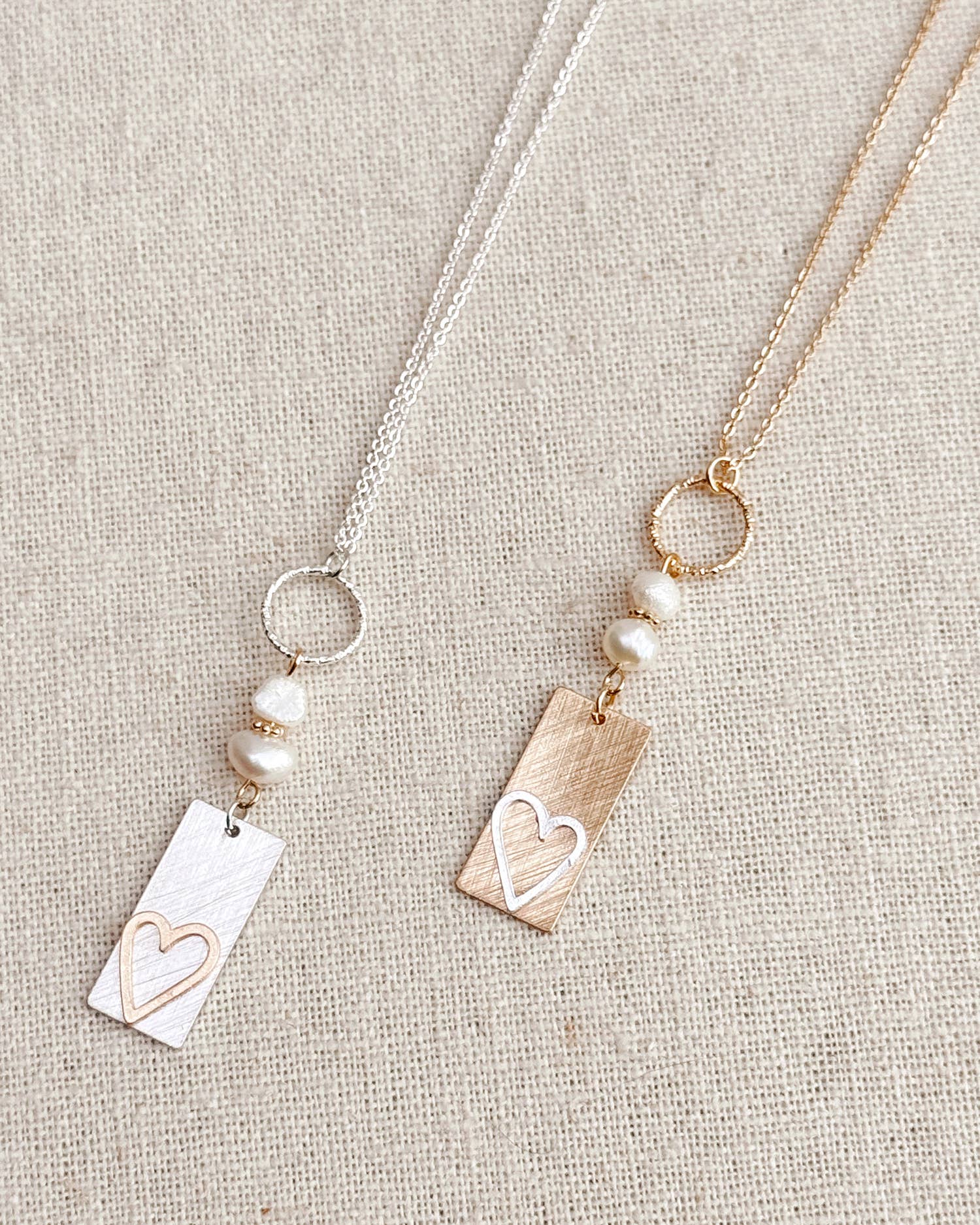 Two Tone Gold & Silver Pearl Heart Tag Necklace