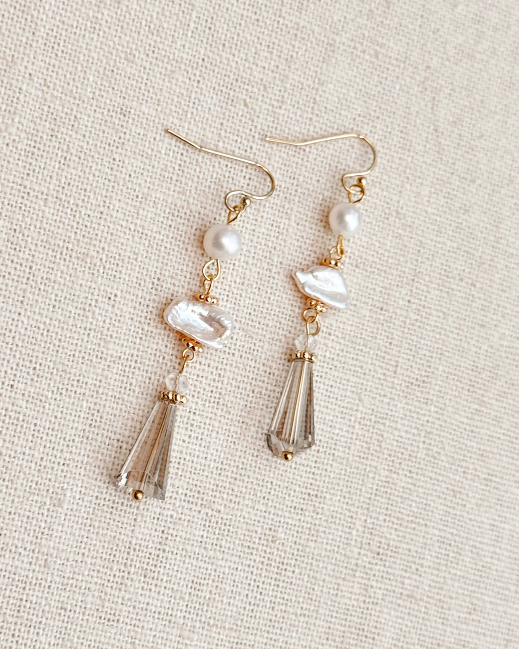 Gold Keshi Pearl & Grey Crystal Drop Earrings