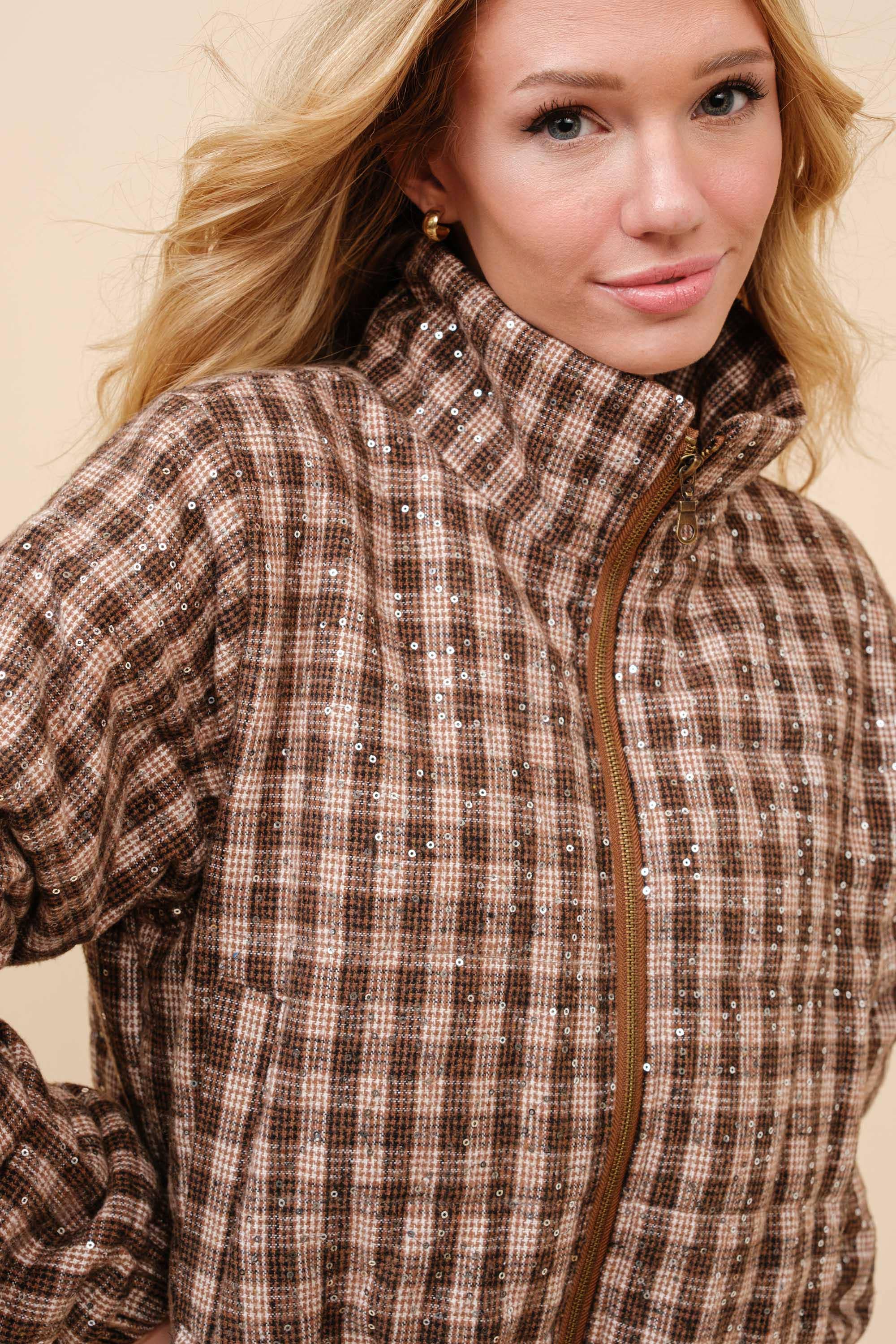 Sequin Plaid Cropped Puffer
