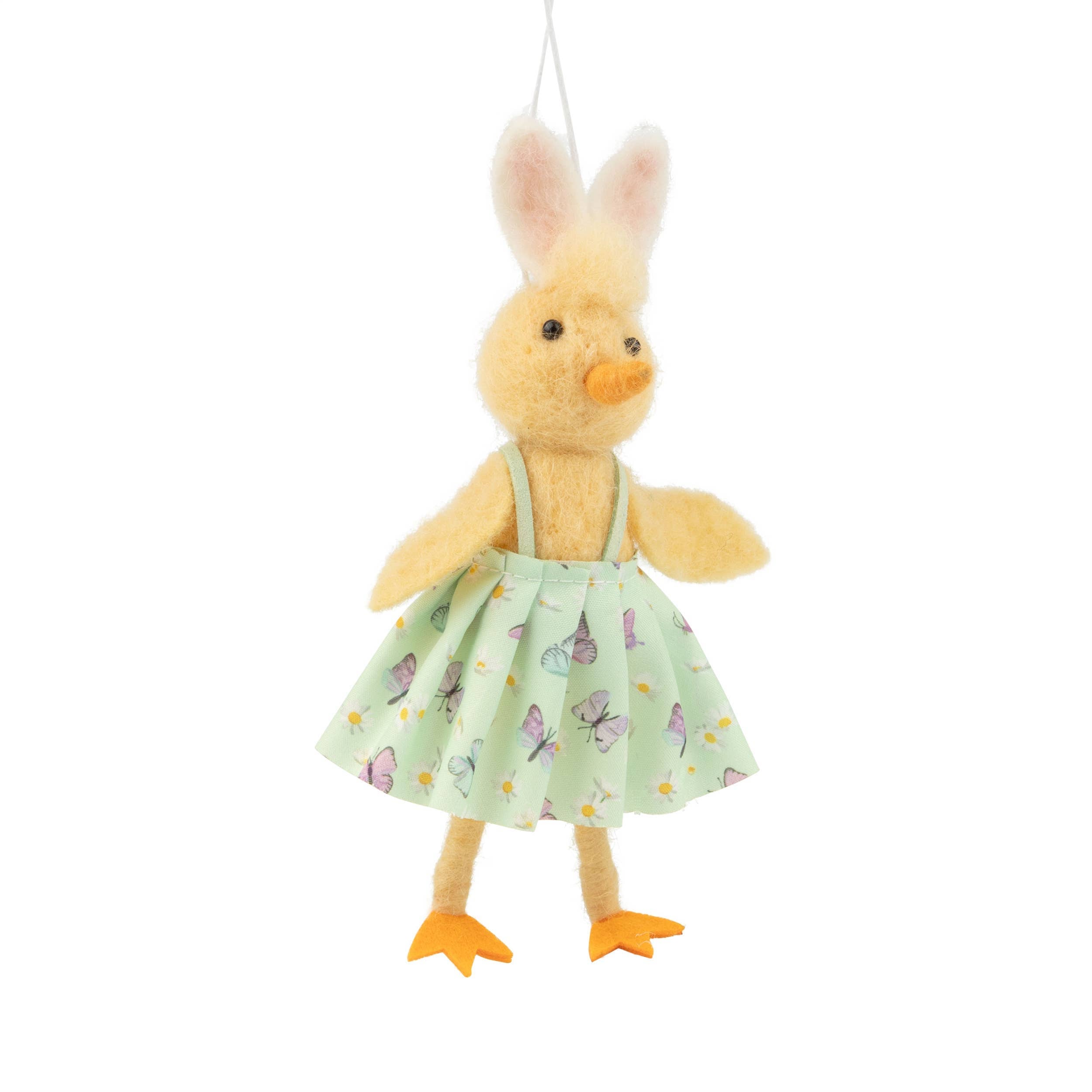 A12768: Felt chick orn, bunny ears, pale green dress, 6 in