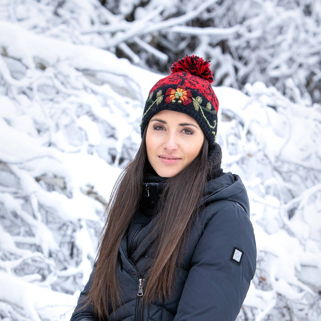 Eleanor Beanie Hat with Embroidered Floral Detail: Light Natural