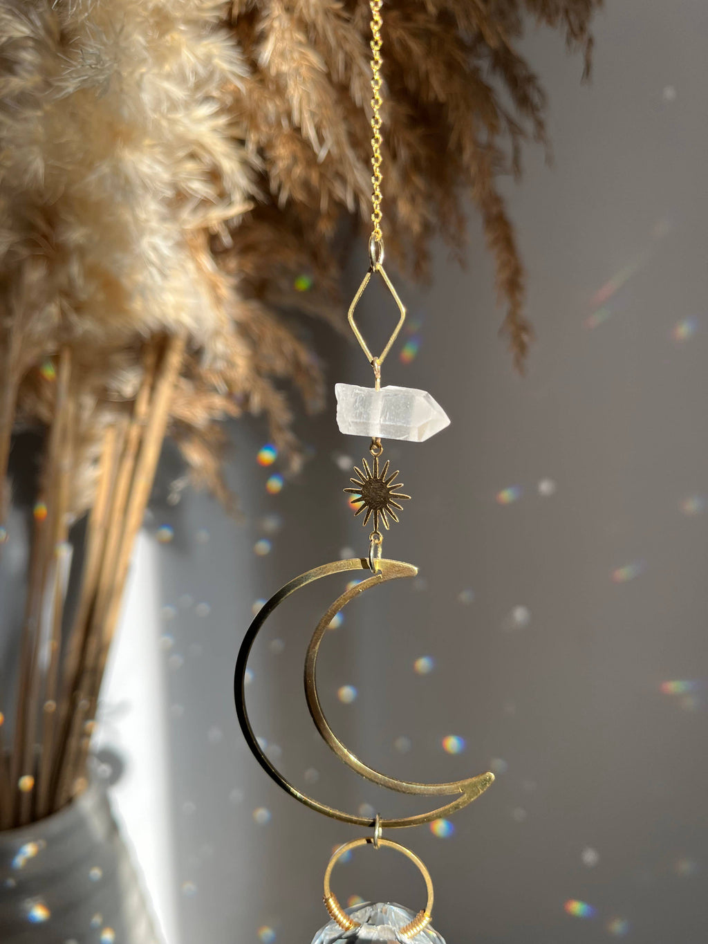 Crescent Moon Suncatcher with Clear Quartz