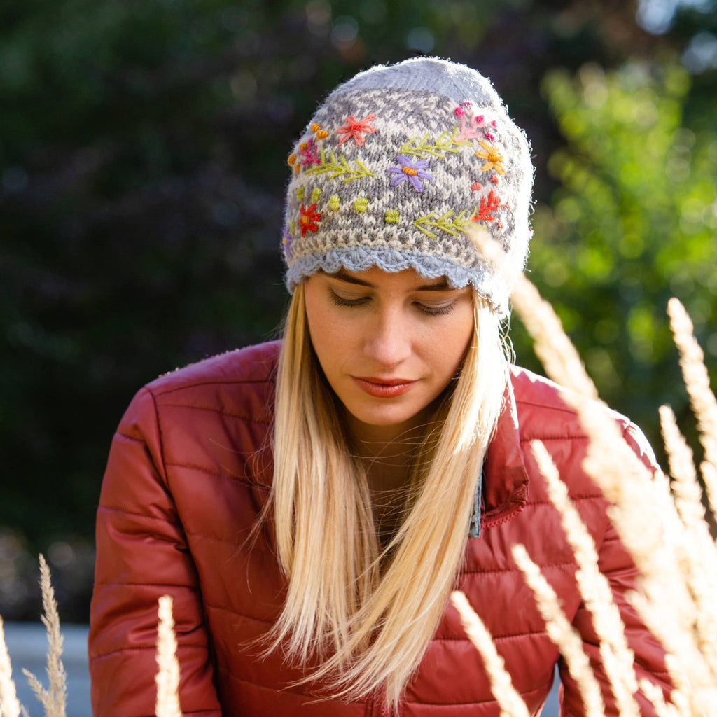 Sadie Floral Embroidered Wool Beanie Hat: Mint