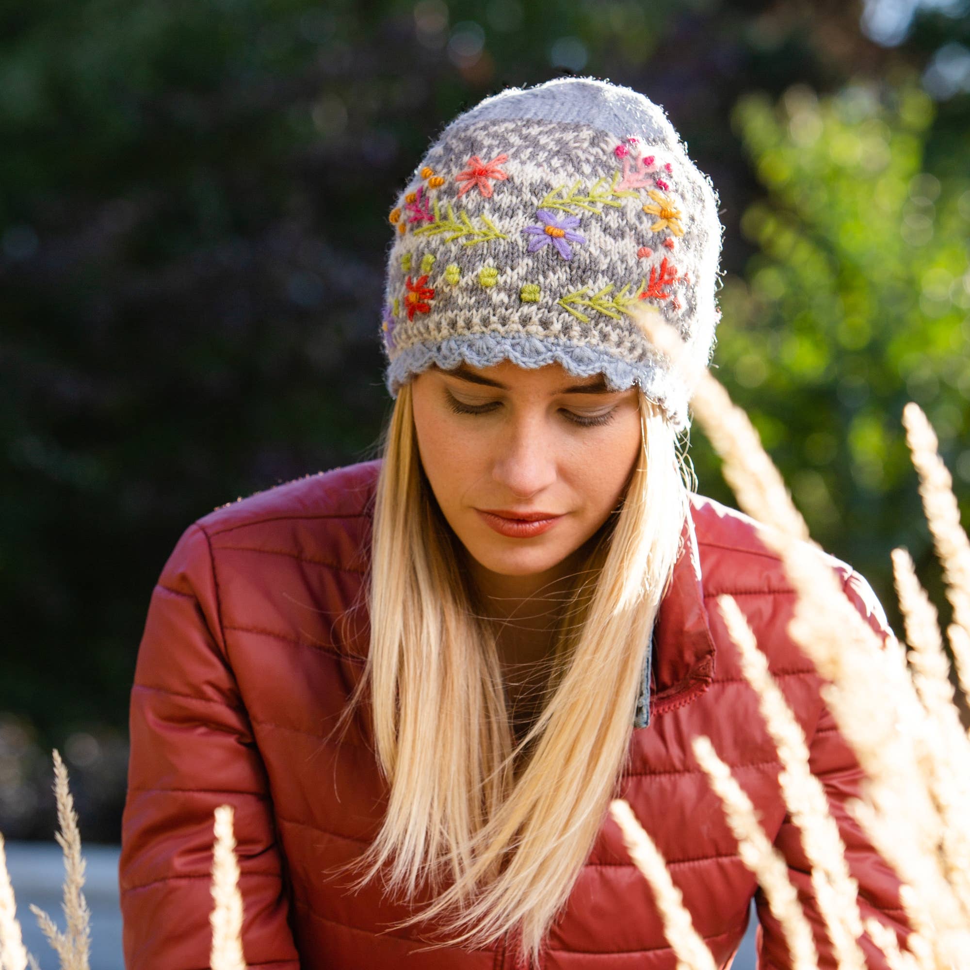 Sadie Floral Embroidered Wool Beanie Hat: Mint