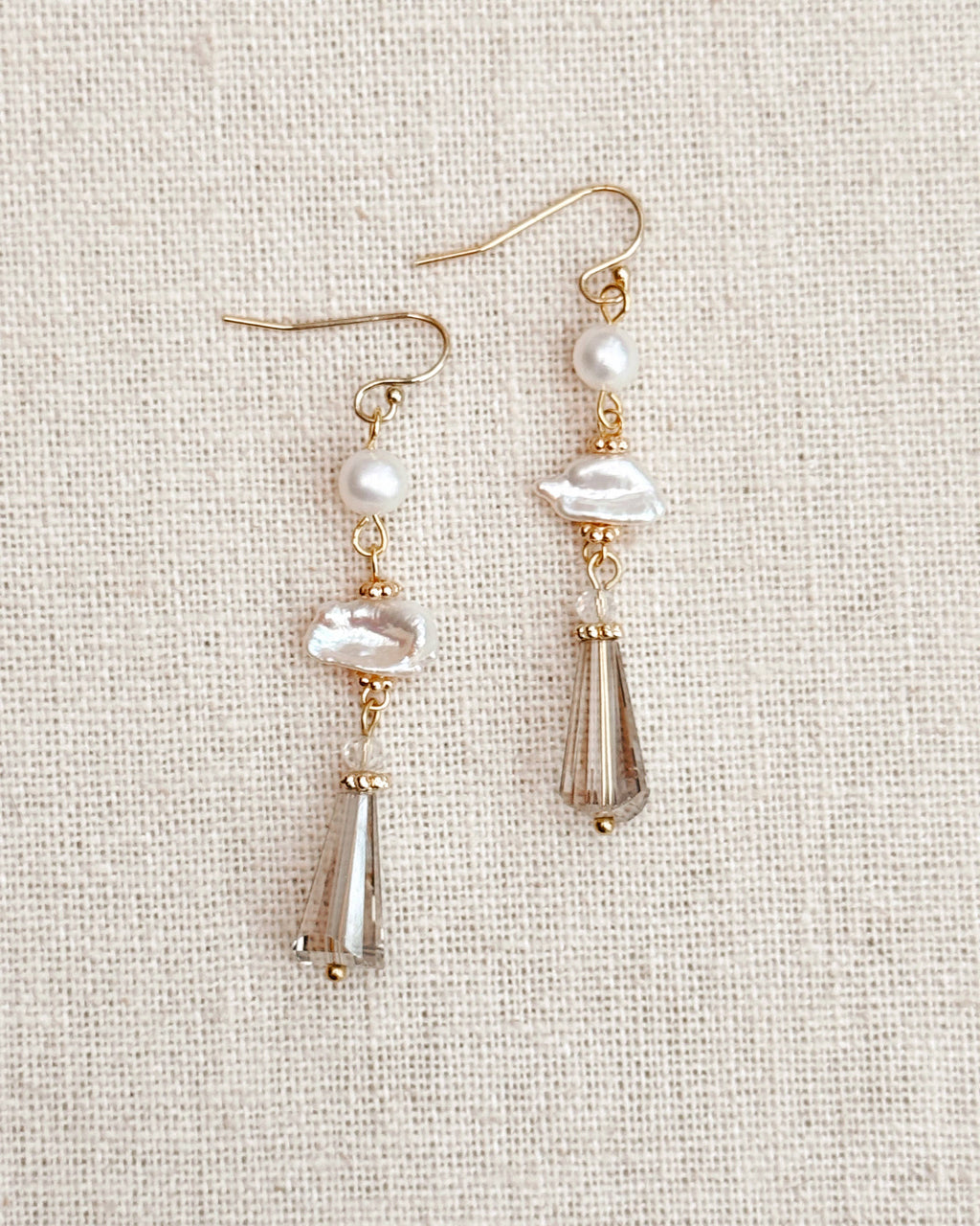 Gold Keshi Pearl & Grey Crystal Drop Earrings