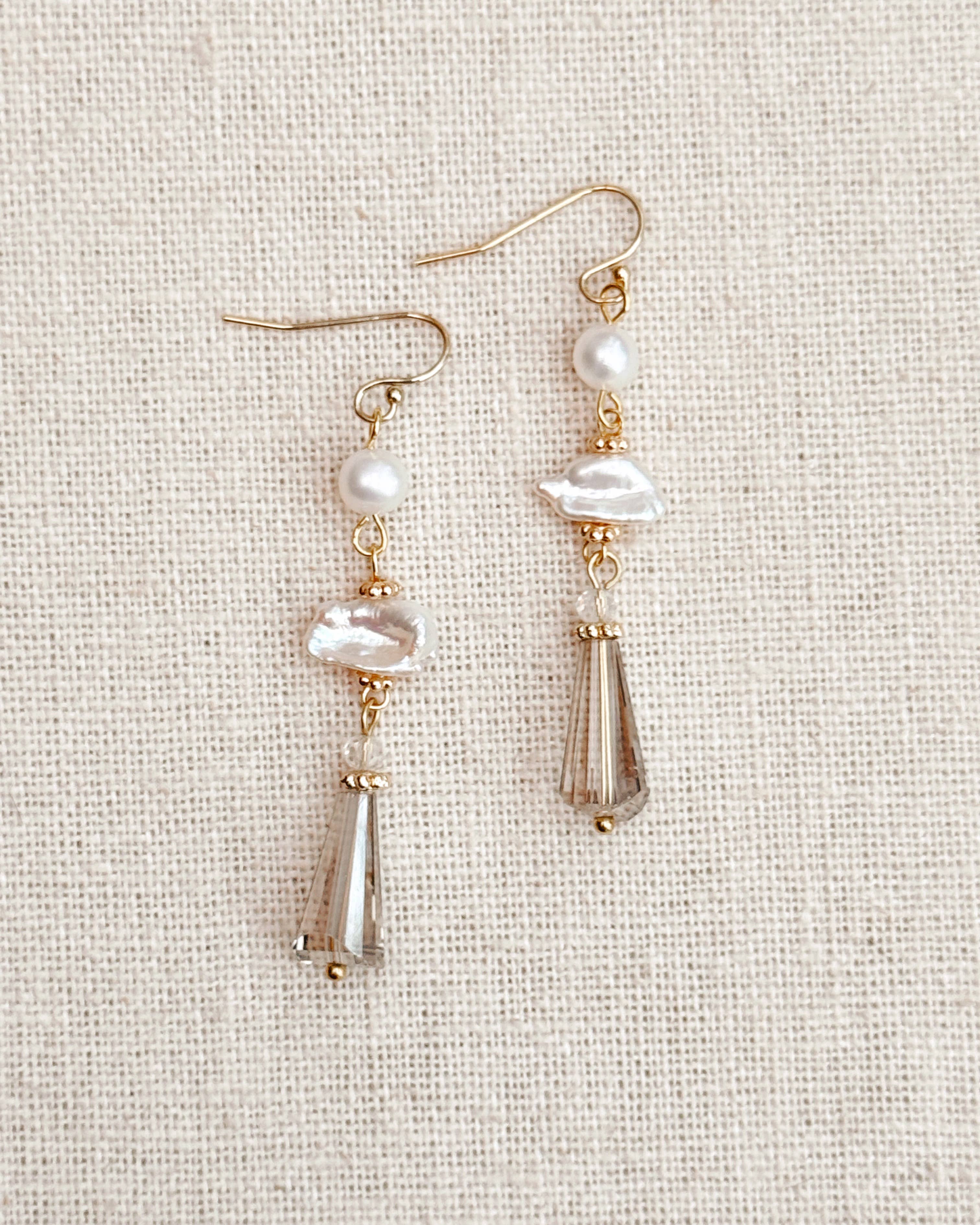 Gold Keshi Pearl & Grey Crystal Drop Earrings