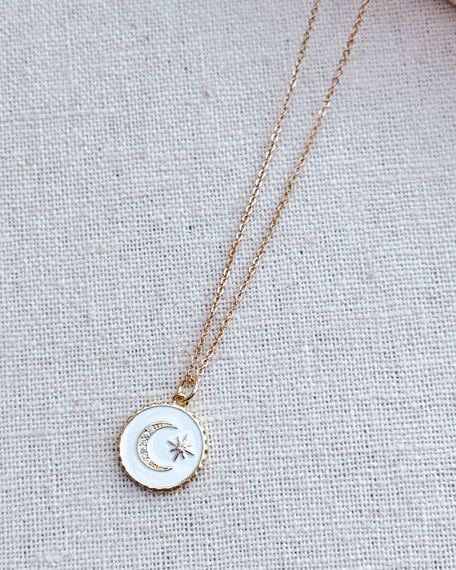 Gold White Rhinestone Moon Star Talisman Charm Necklace