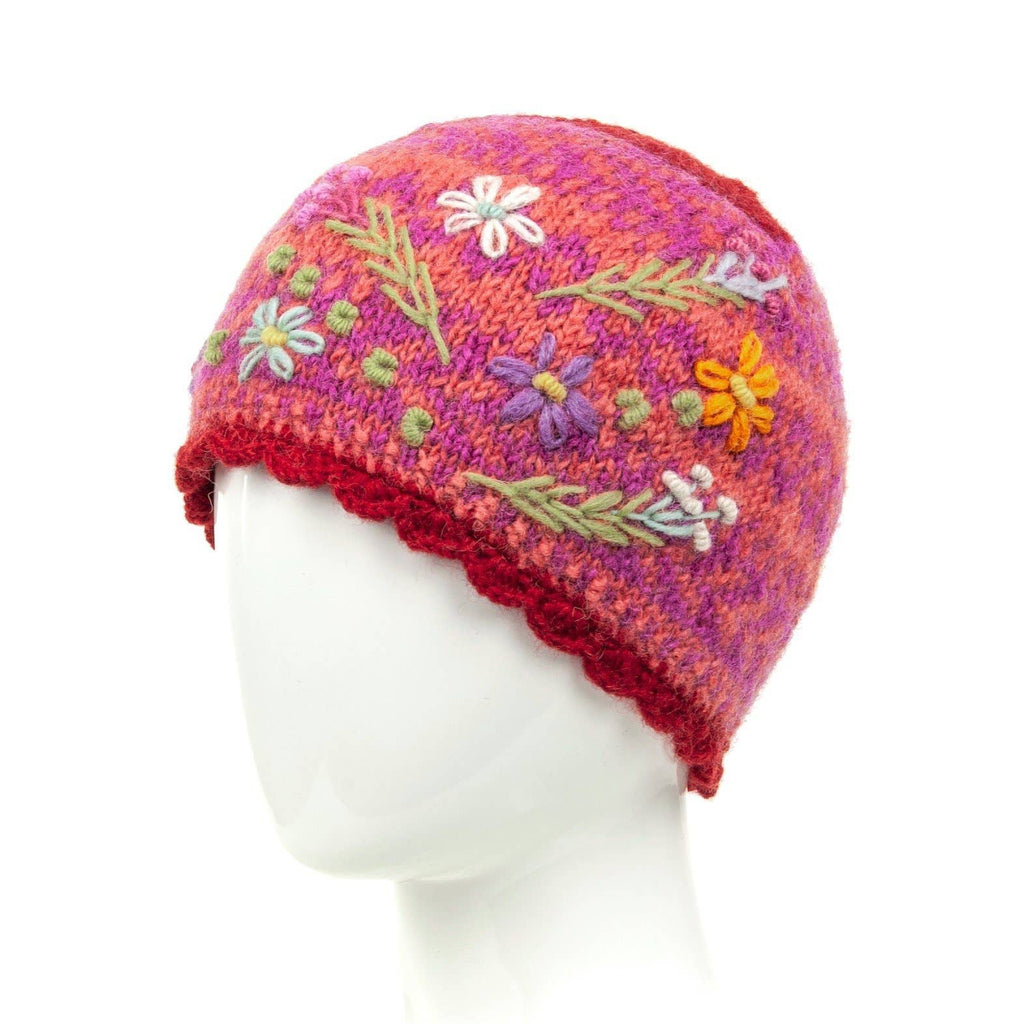 Sadie Floral Embroidered Wool Beanie Hat: Mint