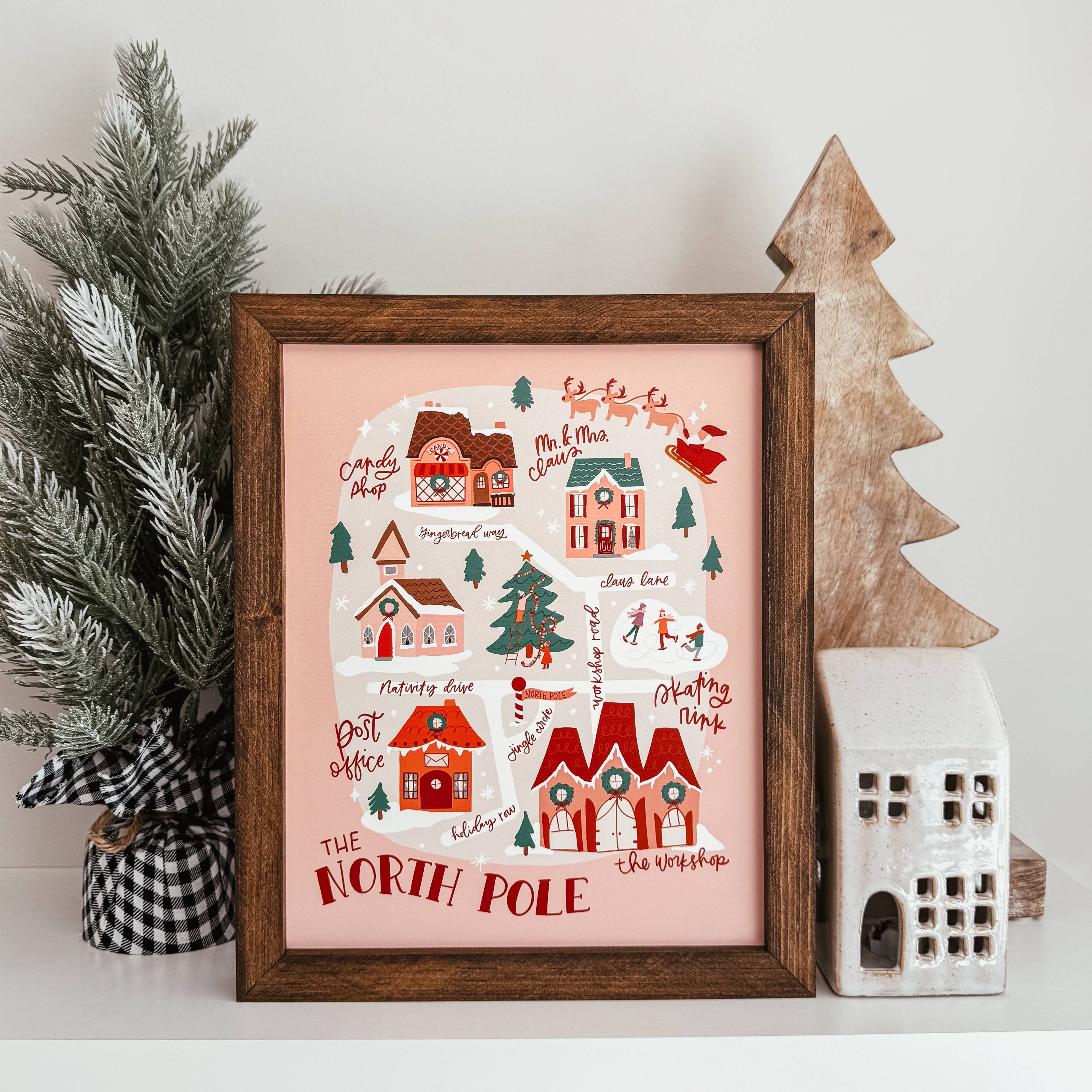 North Pole Map Framed Christmas Wood Sign