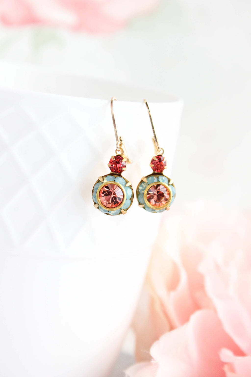 Art Deco Earrings | Coral Peach and Aqua Opal