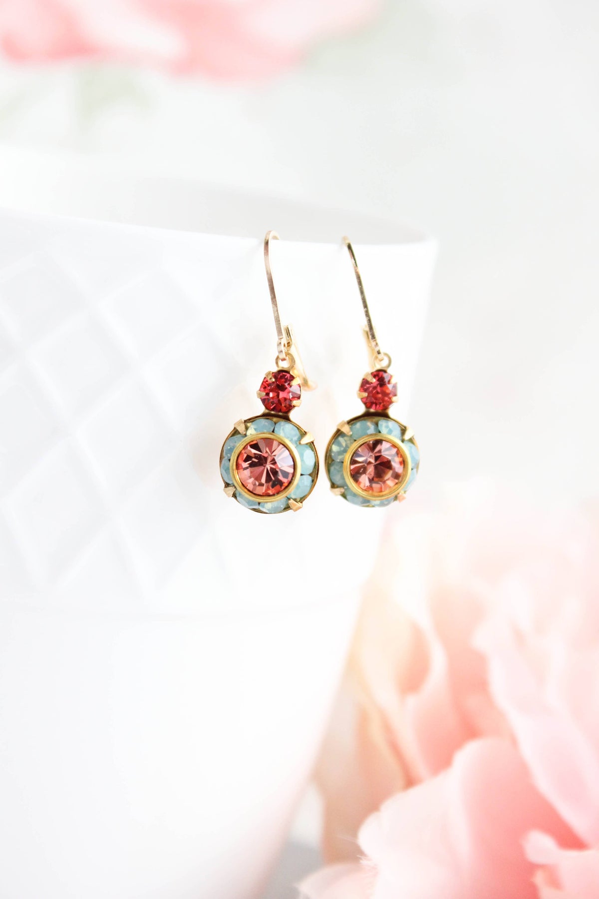Art Deco Earrings | Coral Peach and Aqua Opal