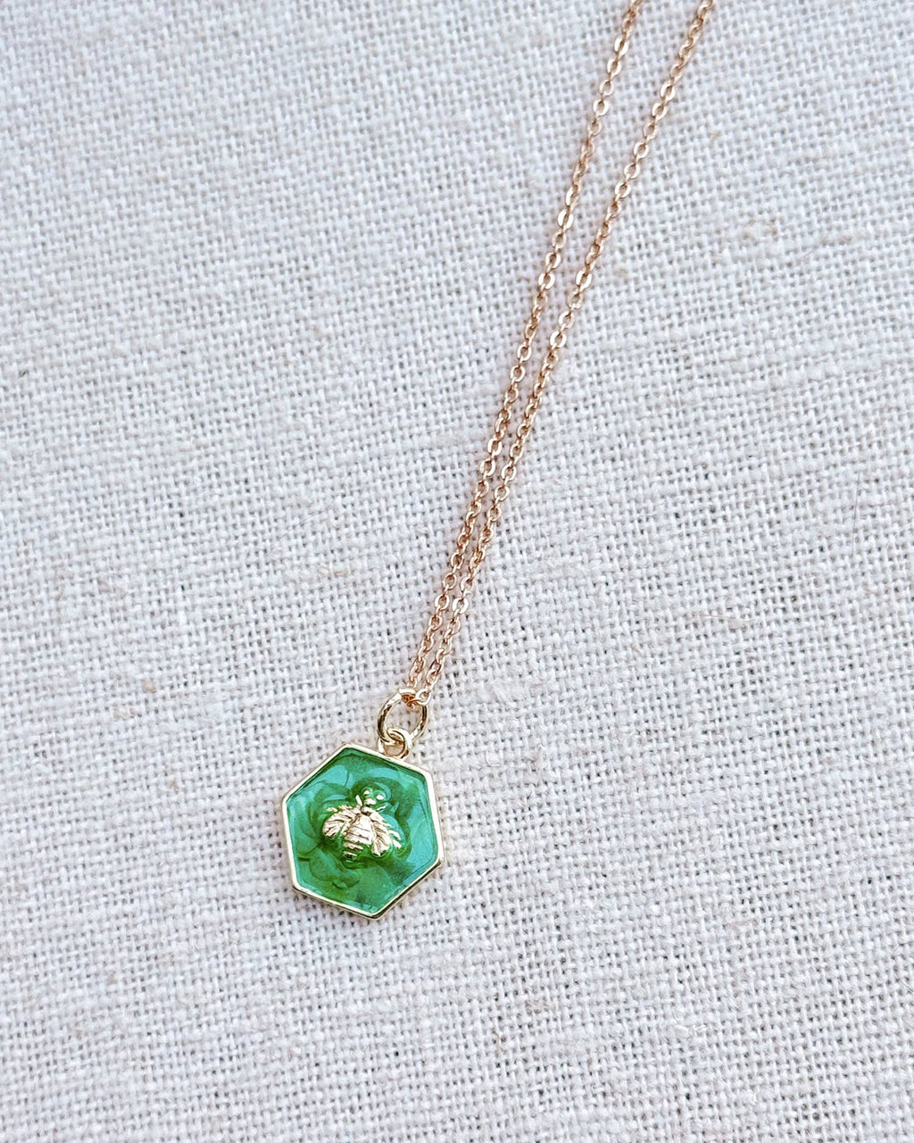 Gold Green Enamel Charm Necklace
