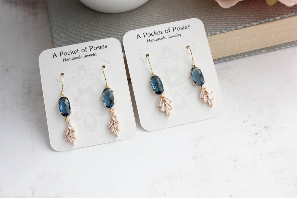 Blue Crystal Leaf Motif Earrings