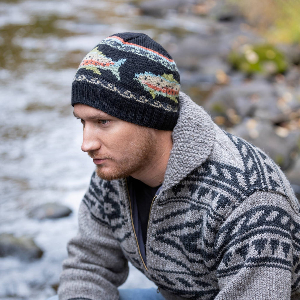 Trout Wool Beanie Hat with Fish Motif : Black