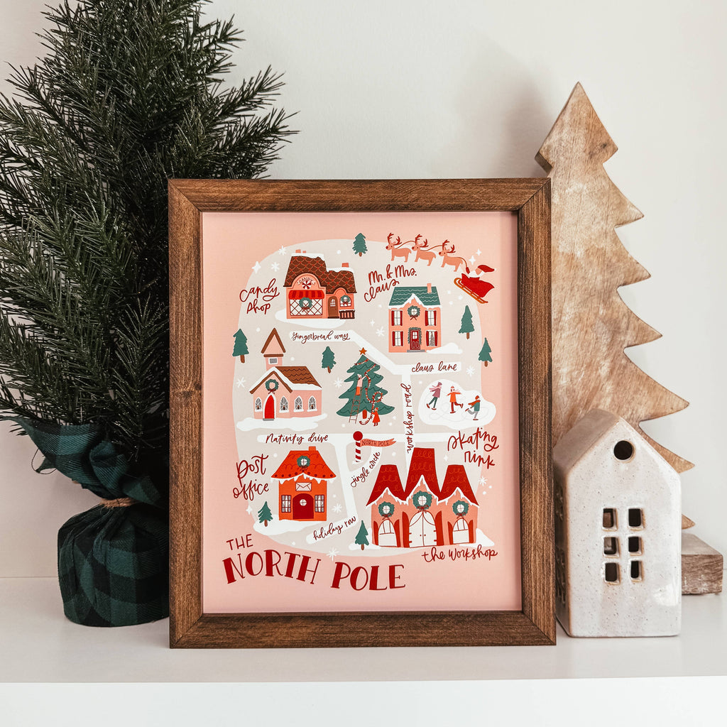 North Pole Map Framed Christmas Wood Sign