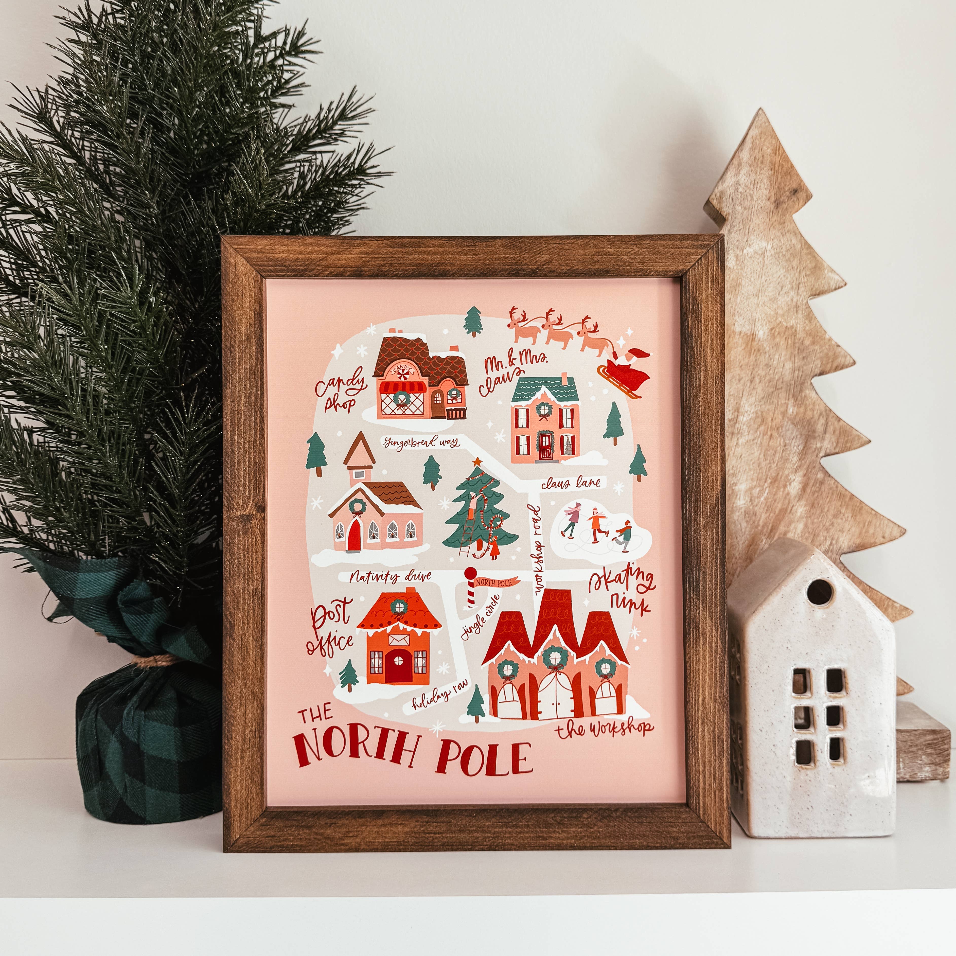 North Pole Map Framed Christmas Wood Sign