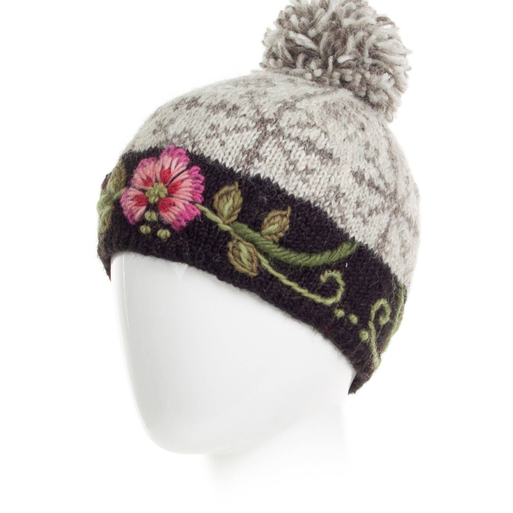 Eleanor Beanie Hat with Embroidered Floral Detail: Light Natural