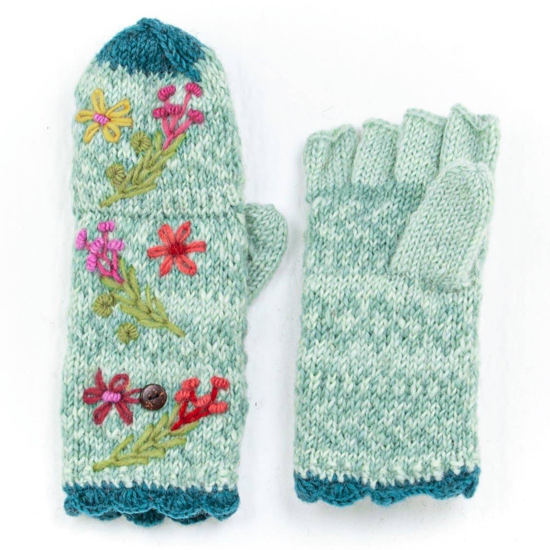 Sadie Wool Convertible Mittens with Embroidery: Light Natural