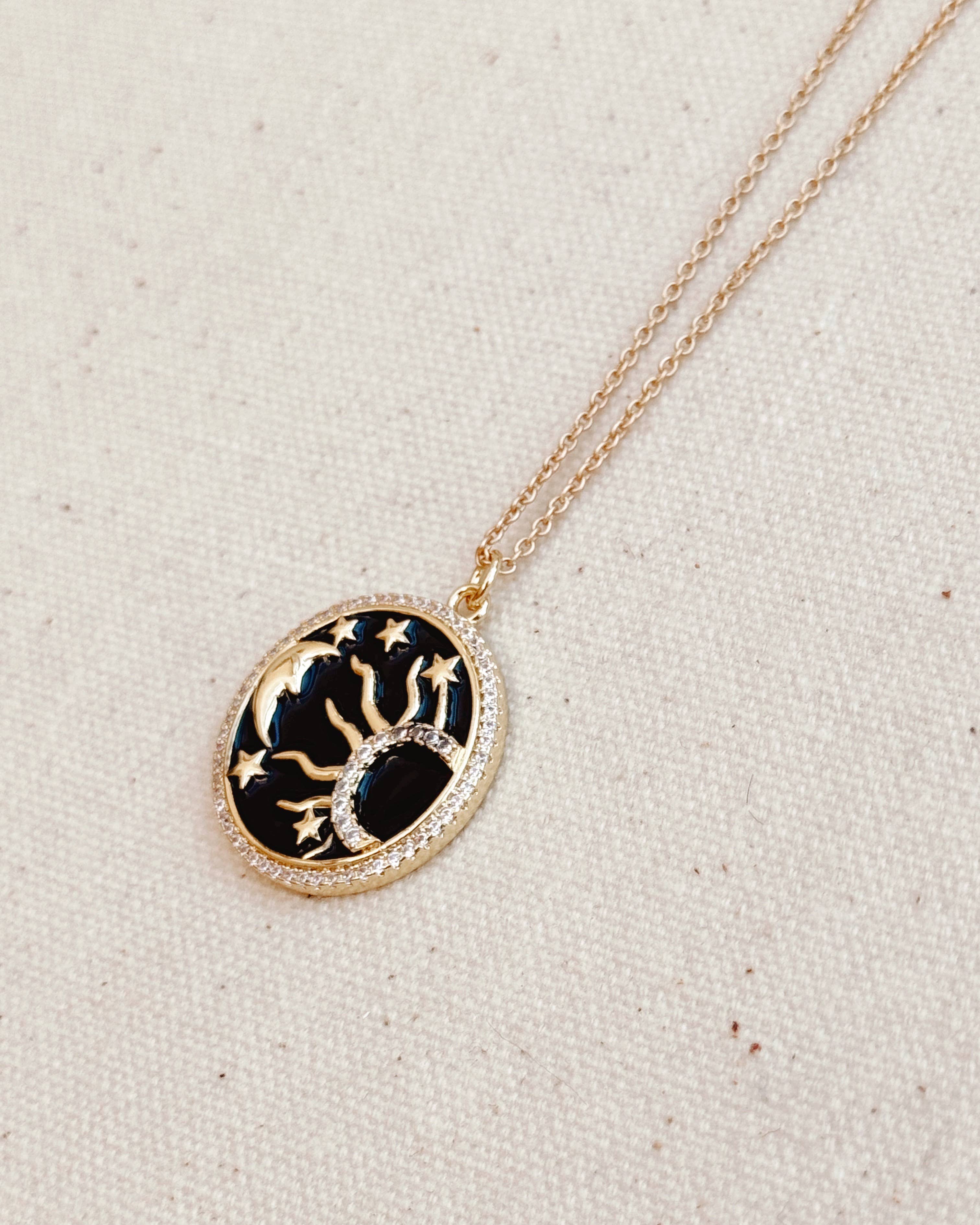 Gold Celestial Sun and Moon CZ Pendant Necklace