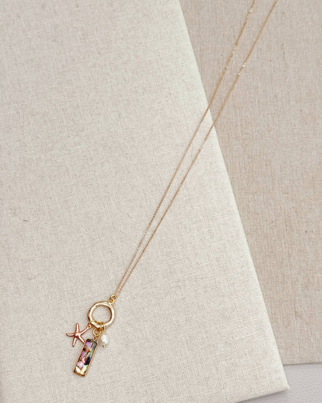 Abalone & Freshwater Pearl Starfish Charm Gold Long Necklace