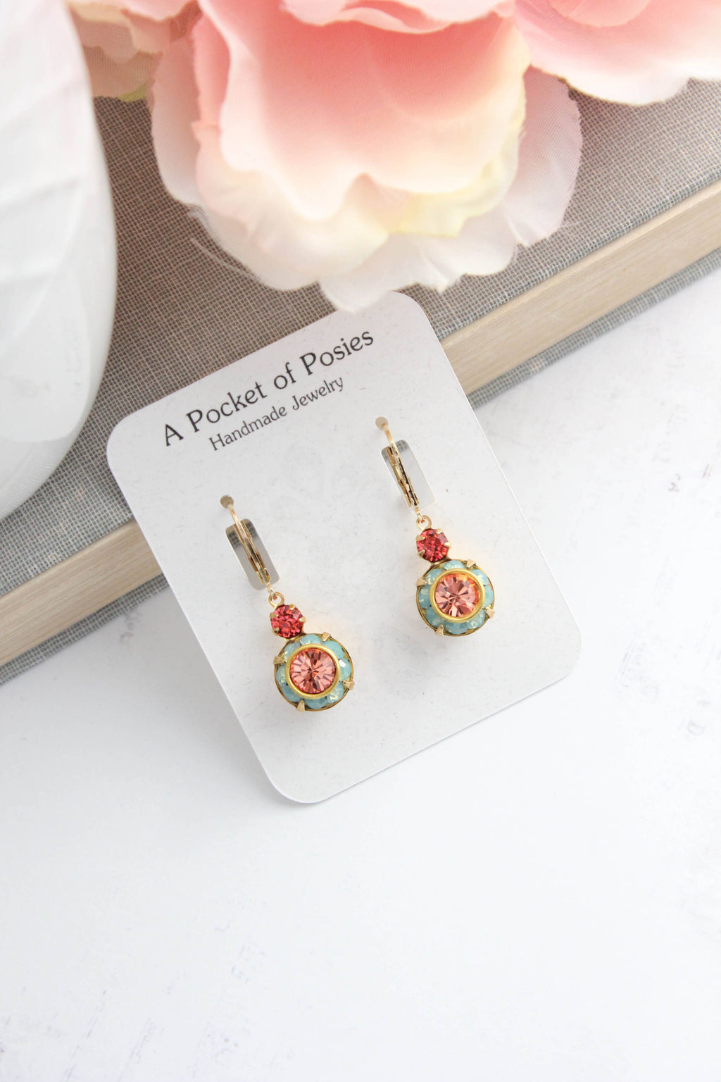 Art Deco Earrings | Coral Peach and Aqua Opal