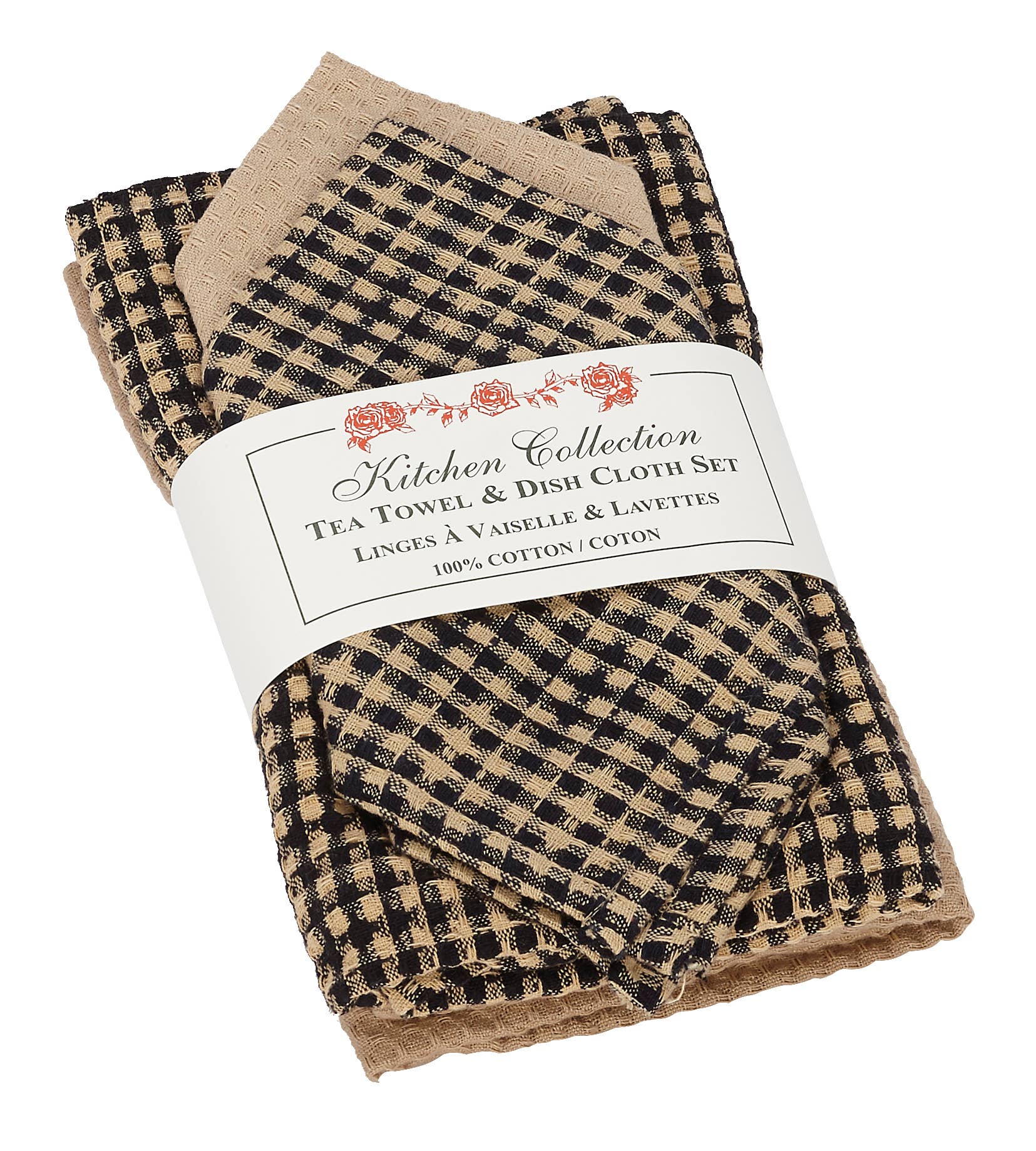 2 Tea Towel + 2 Dish Cloths Set - Black Check