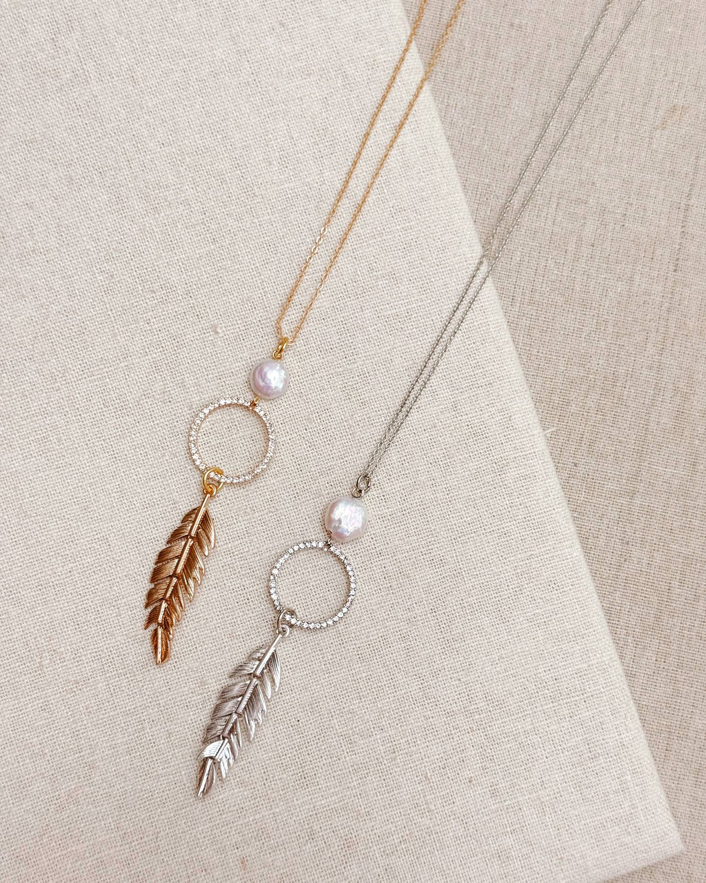 Pearl, Rhinestone Hoop & Feather Pendant Necklace: Silver