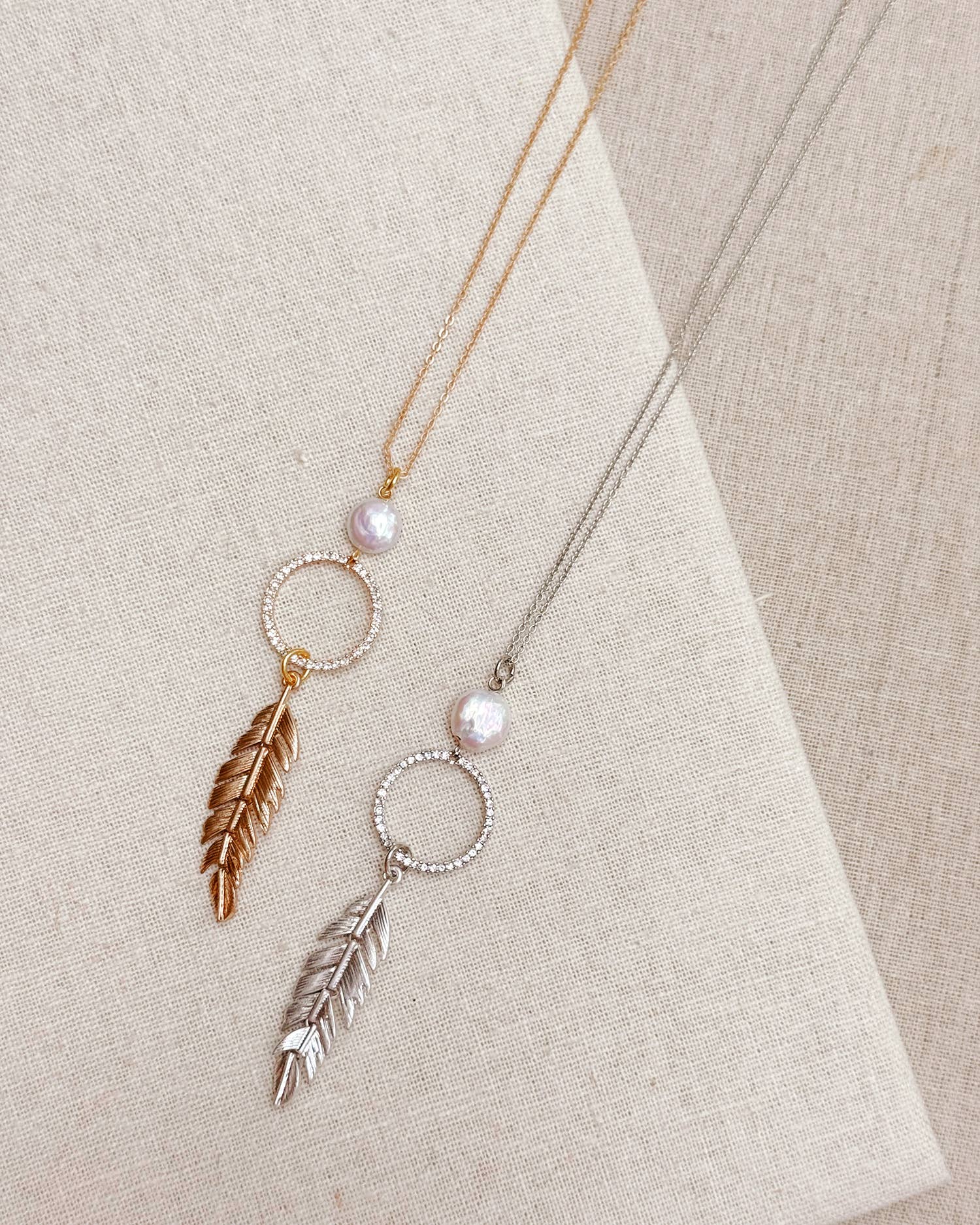 Pearl, Rhinestone Hoop & Feather Pendant Necklace: Silver
