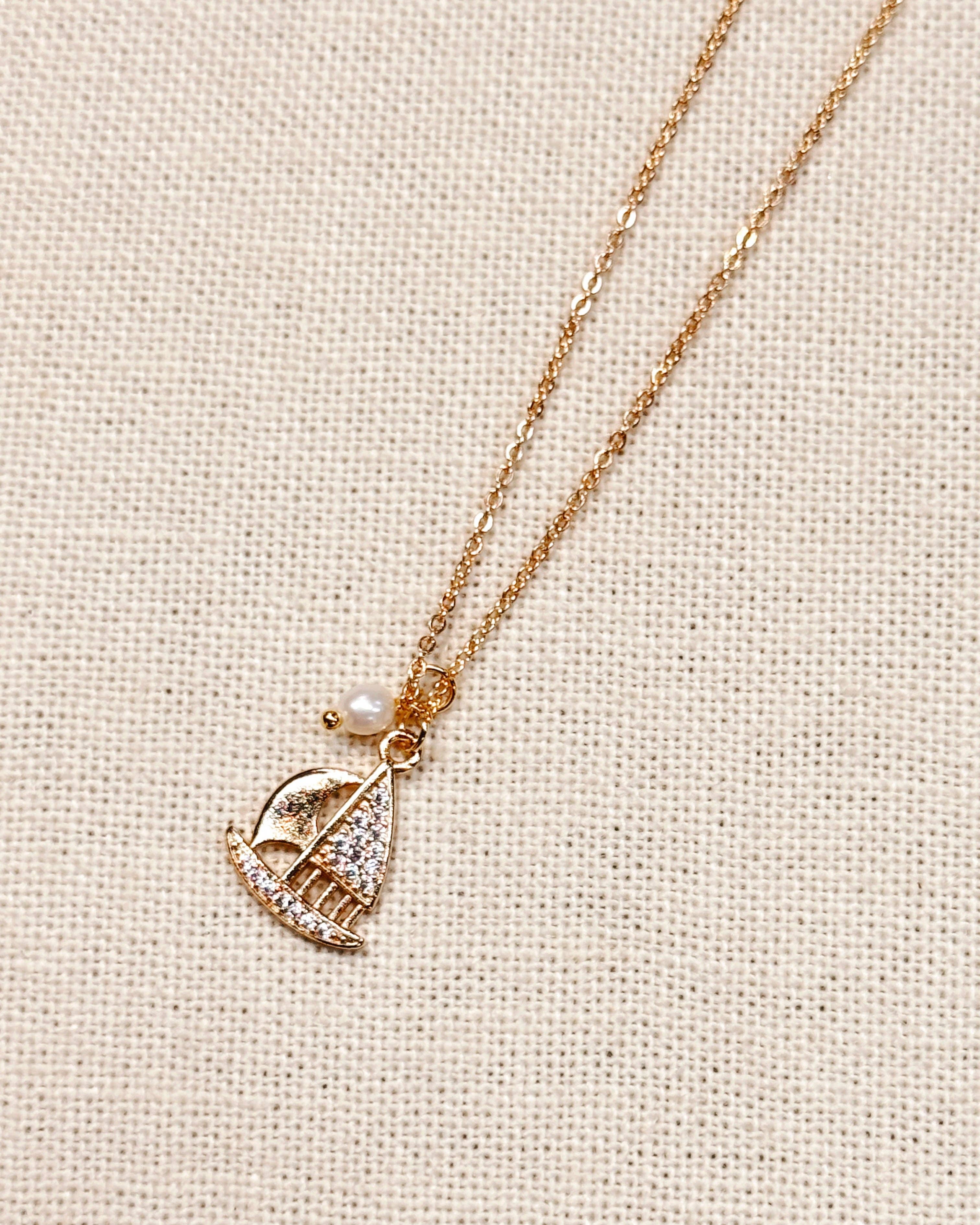 CZ Sailboat Charm Gold Necklace with Pearl