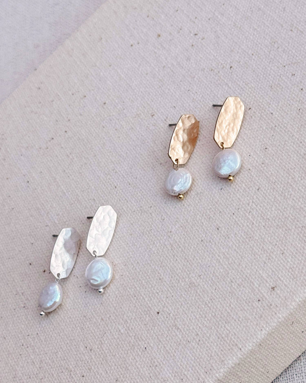 Hammered Stud Coin Pearl Drop Earrings