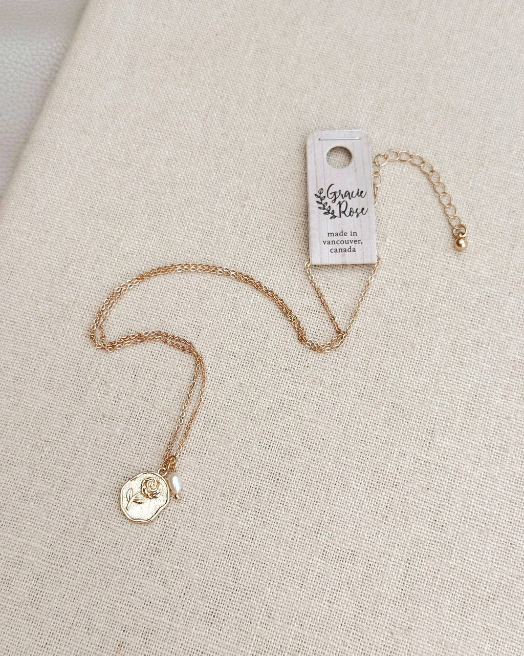 Rose Charm Necklace Gold Freshwater Pearl Detail