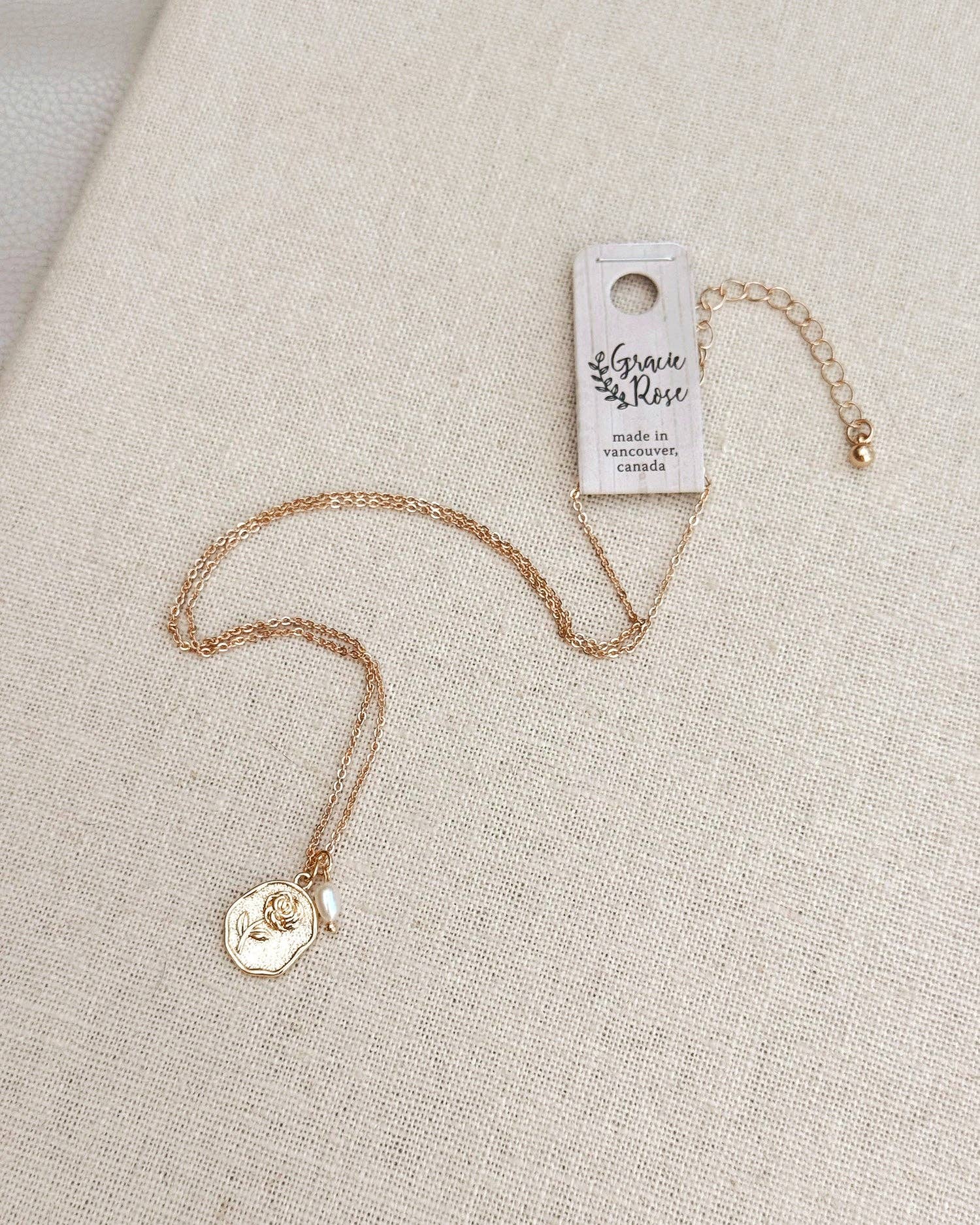 Rose Charm Necklace Gold Freshwater Pearl Detail