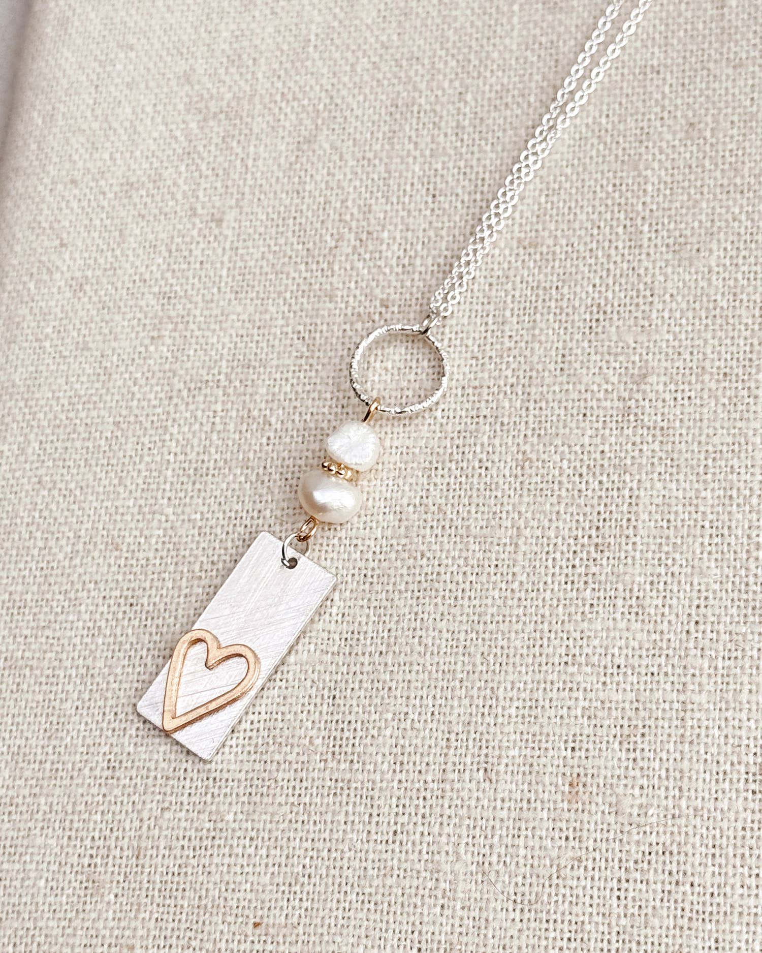 Two Tone Gold & Silver Pearl Heart Tag Necklace