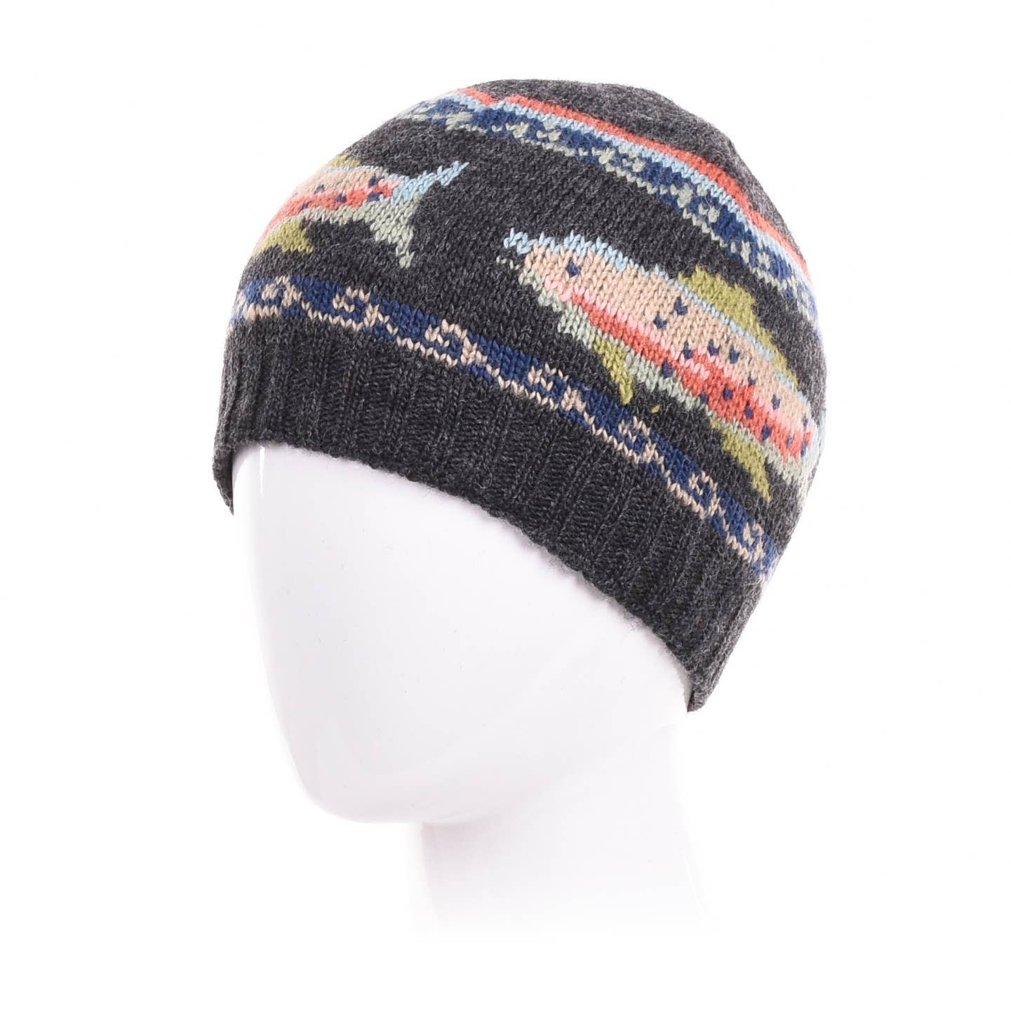 Trout Wool Beanie Hat with Fish Motif : Moss