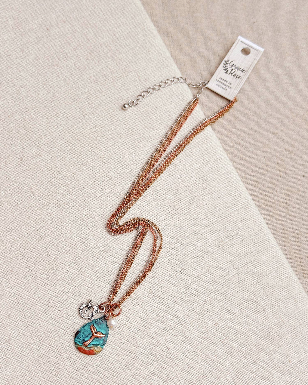 Whale Tail, Mermaid & Pearl Cluster Charms Pendant Necklace