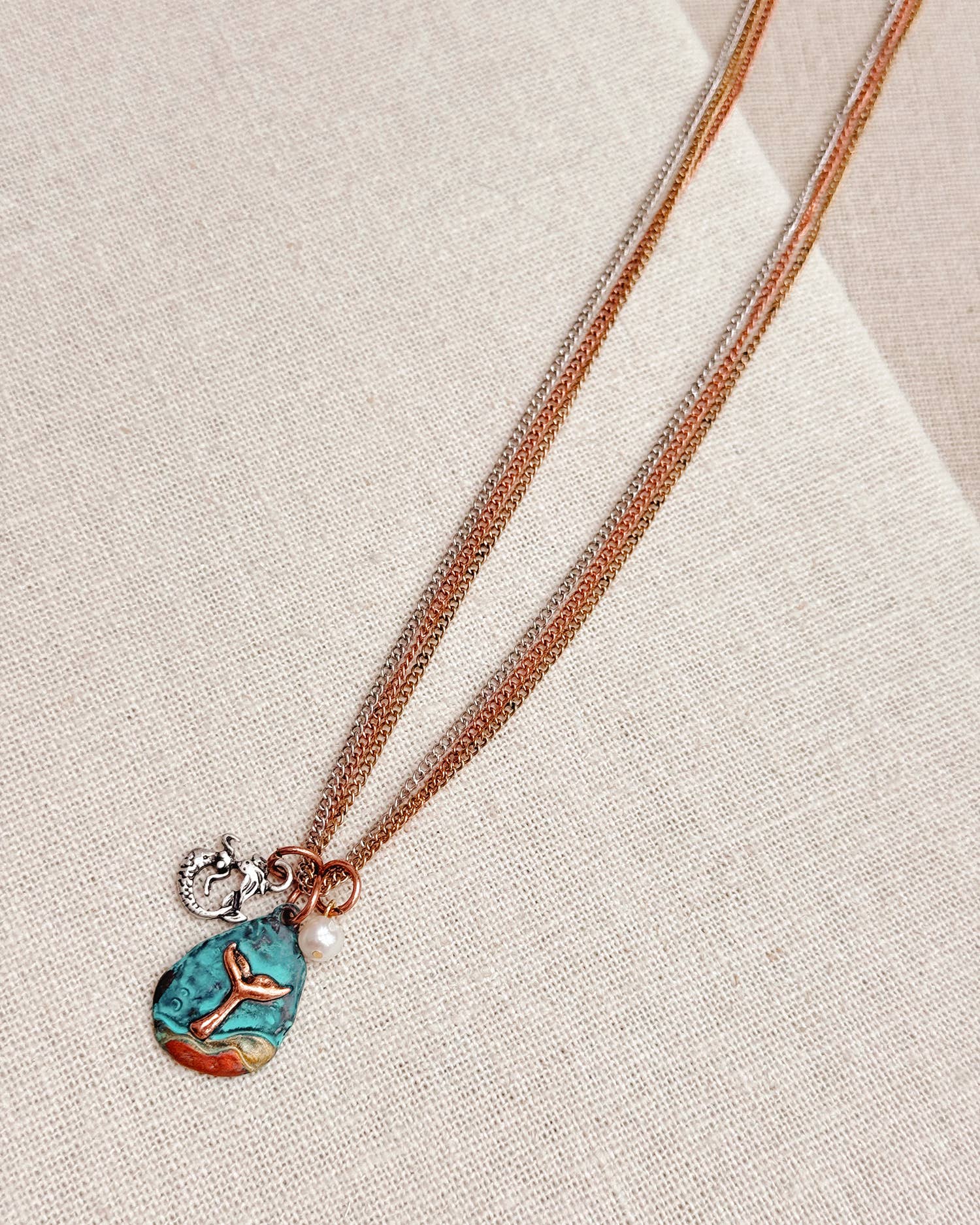 Whale Tail, Mermaid & Pearl Cluster Charms Pendant Necklace